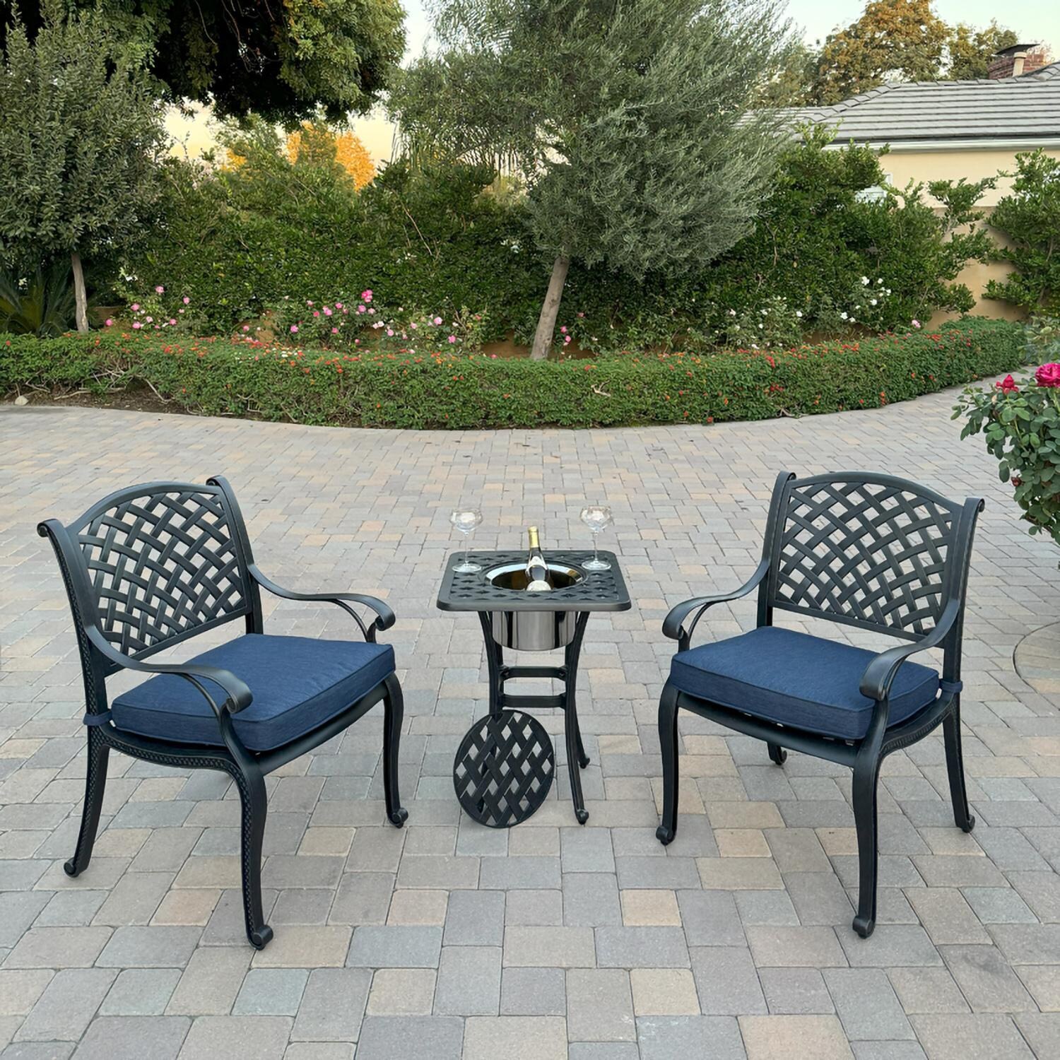 Nassau 3 Pc Cast Aluminum Conversation Set w/ Ice Bucket in Antique Bronze w/ Navy Cushions By Darlee