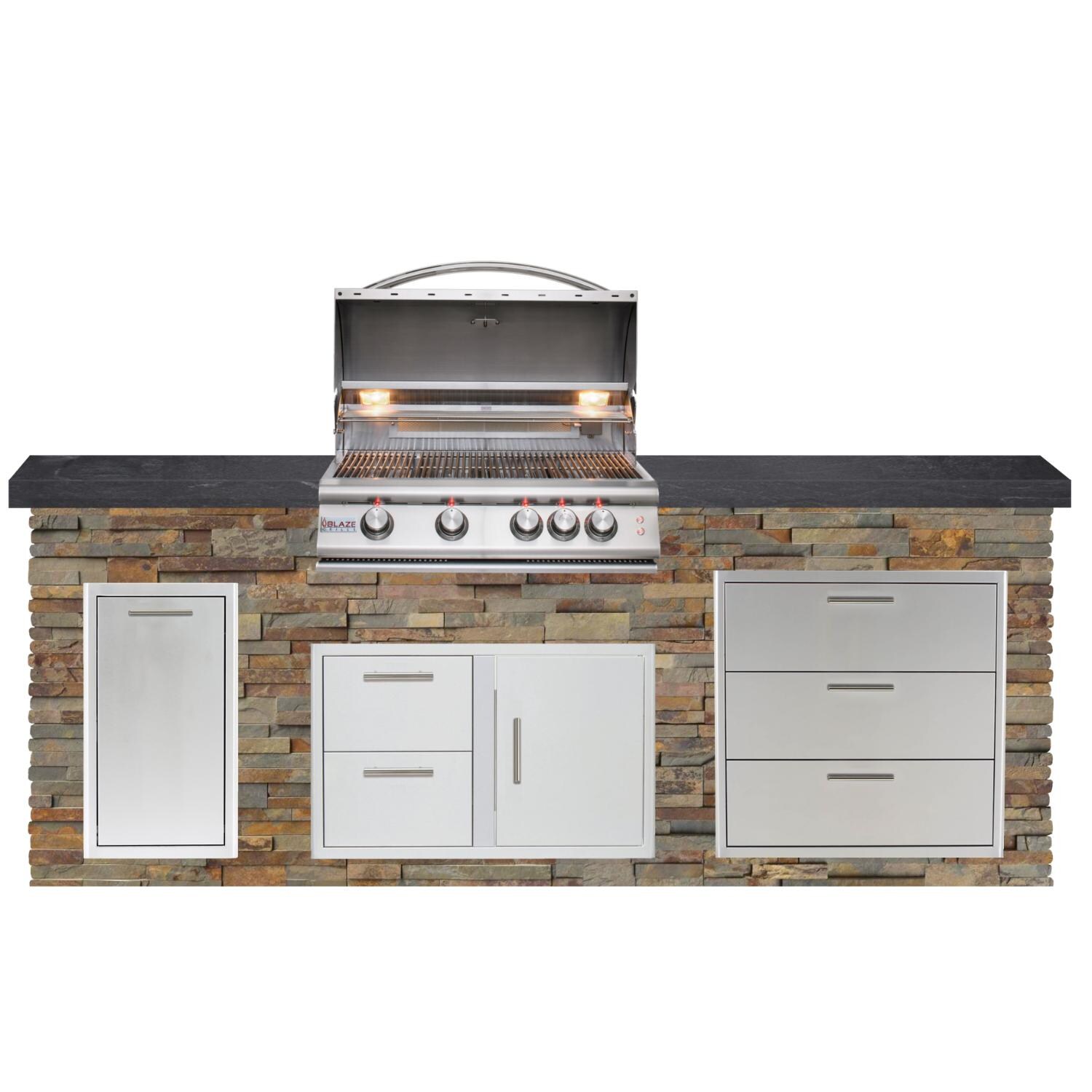 BBQGuys Signature 8ft Luxury Outdoor Island W/ Blaze Premium LTE 32-Inch Natural Gas Grill - Gold Rush Stone W/ Black Polished Granite