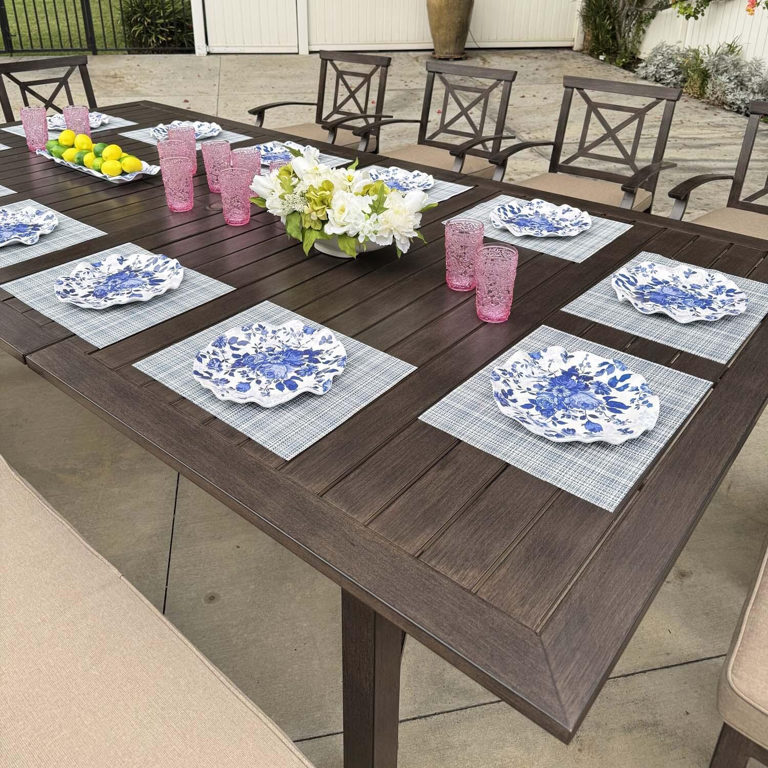 Atlantis 11 Pc Aluminum Swivel / Rocker Dining Set in Walnut/Beige by Darlee - Close Up - Lifestyle thumbnail