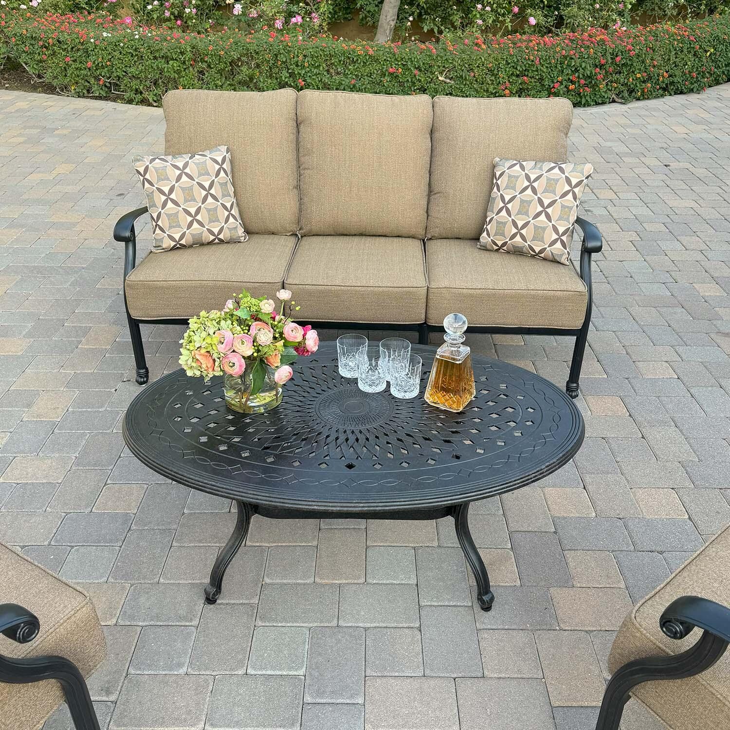 Madison 4 Pc Cast Aluminum Seating Set w/ 31 Inch Coffee Table in Antique Bronze/Sesame by Darlee - Detail thumbnail