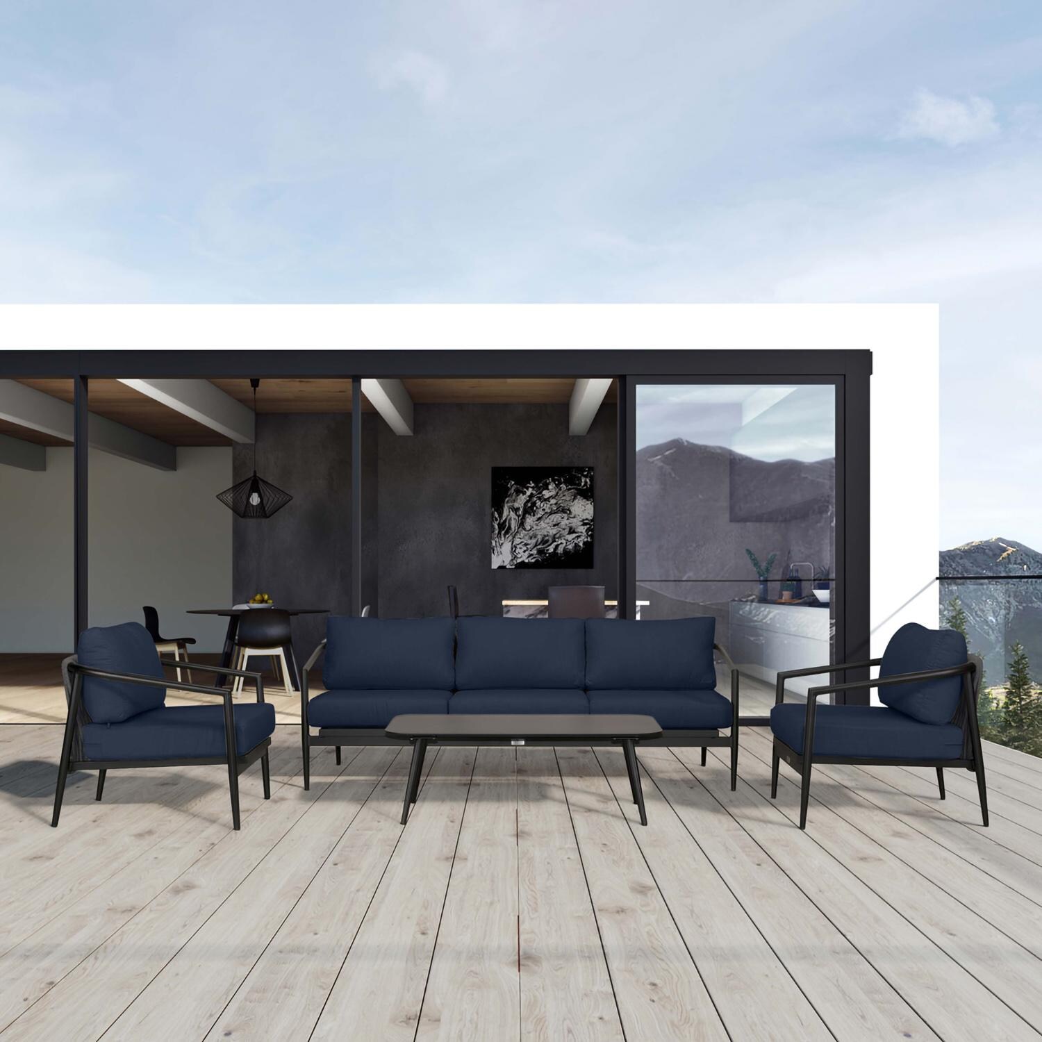 Midnight Cove 4 Pc Aluminum Seating Set w/ Sofa in Black/Spectrum Indigo by Lakeview Outdoor Designs