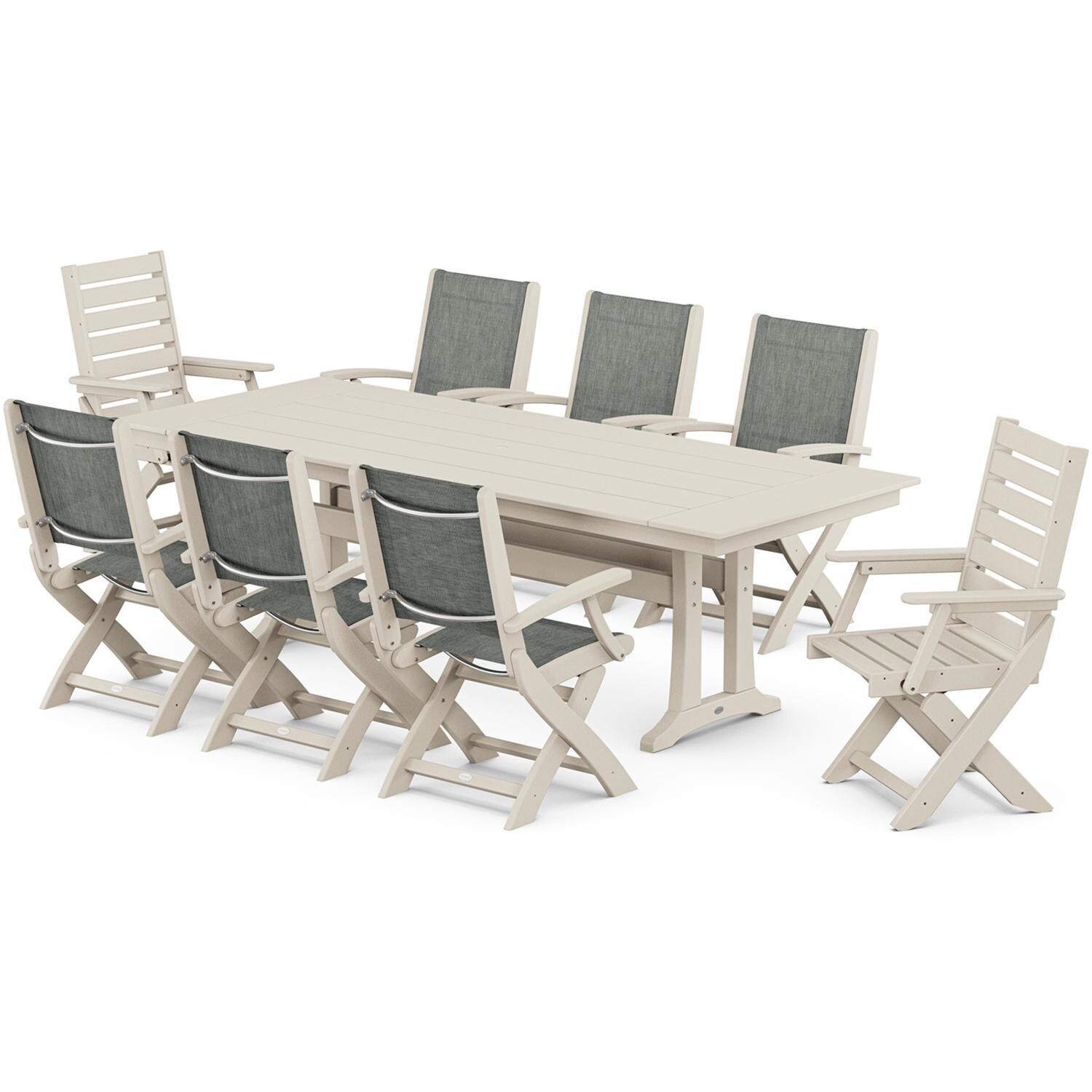 POLYWOOD x BBQGuys Creekside 9 Pc Recycled Plastic Dining Set W/ Birch Sling in Sand