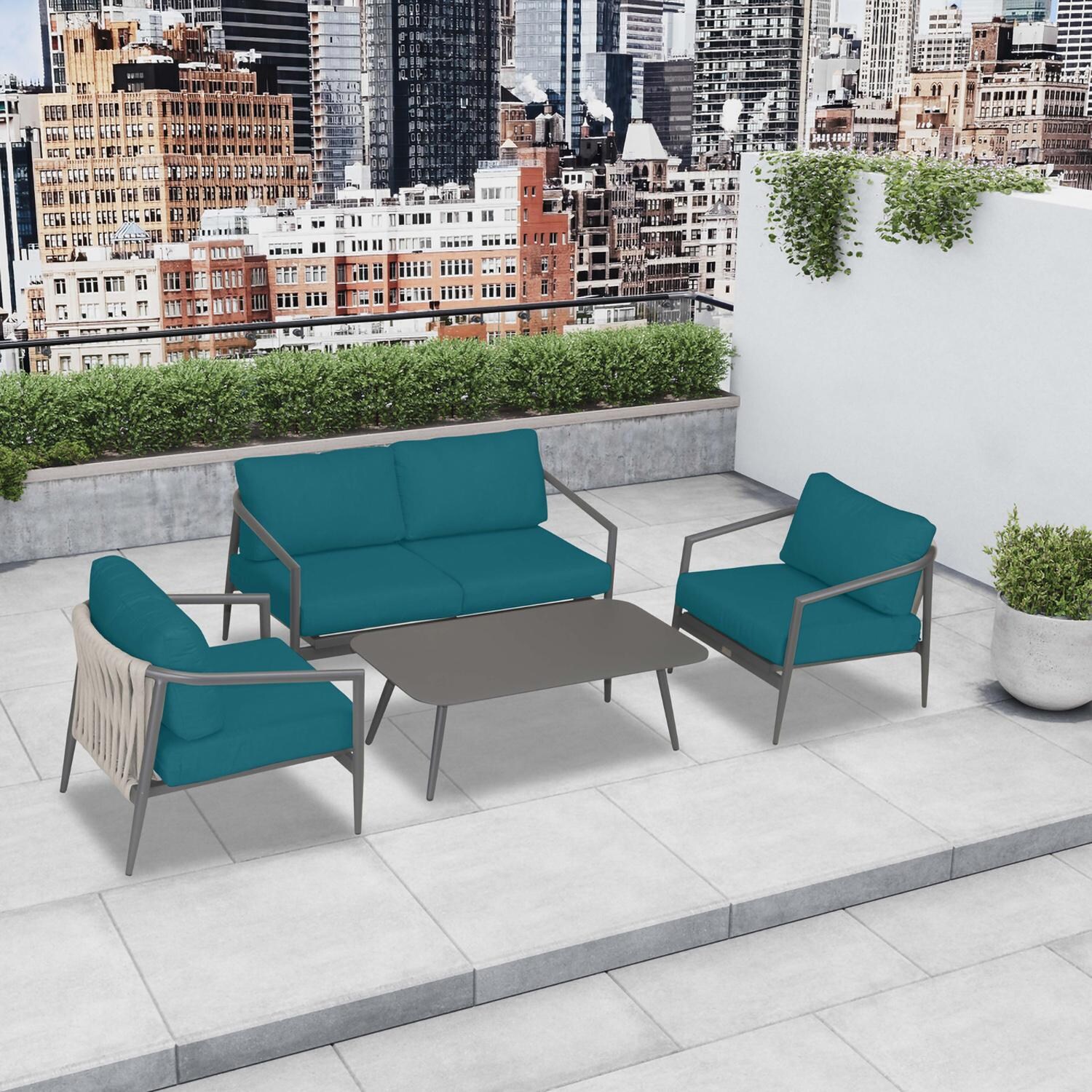 Lakeview Midnight Cove 4 Pc Aluminum Loveseat Seating Set in Slate/Pebble Gray/Spectrum Peacock - Top - Lifestyle thumbnail