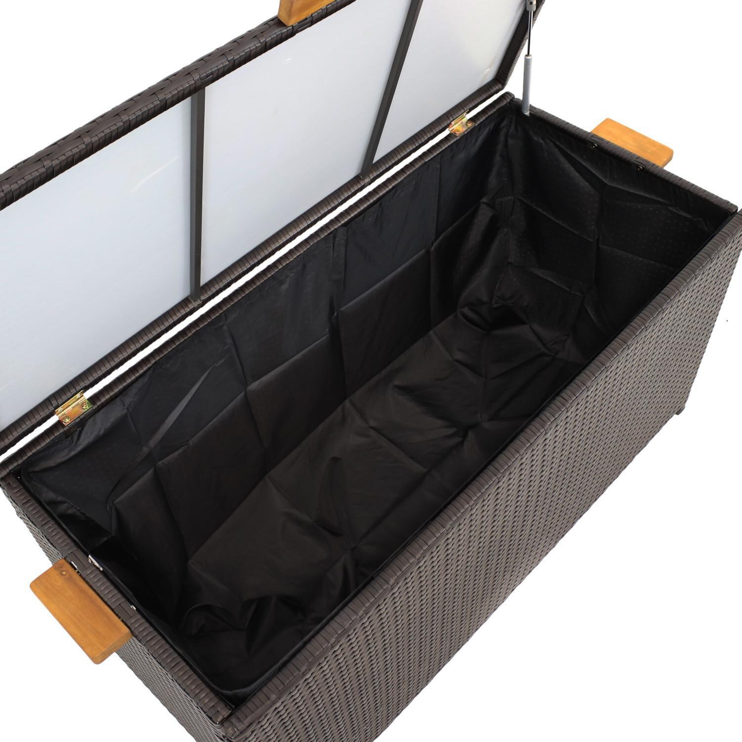 Ultimate Patio 75-Gallon Indoor/Outdoor Resin Wicker Storage Box W/ Acacia Wood Handles - Lid Open Top View thumbnail