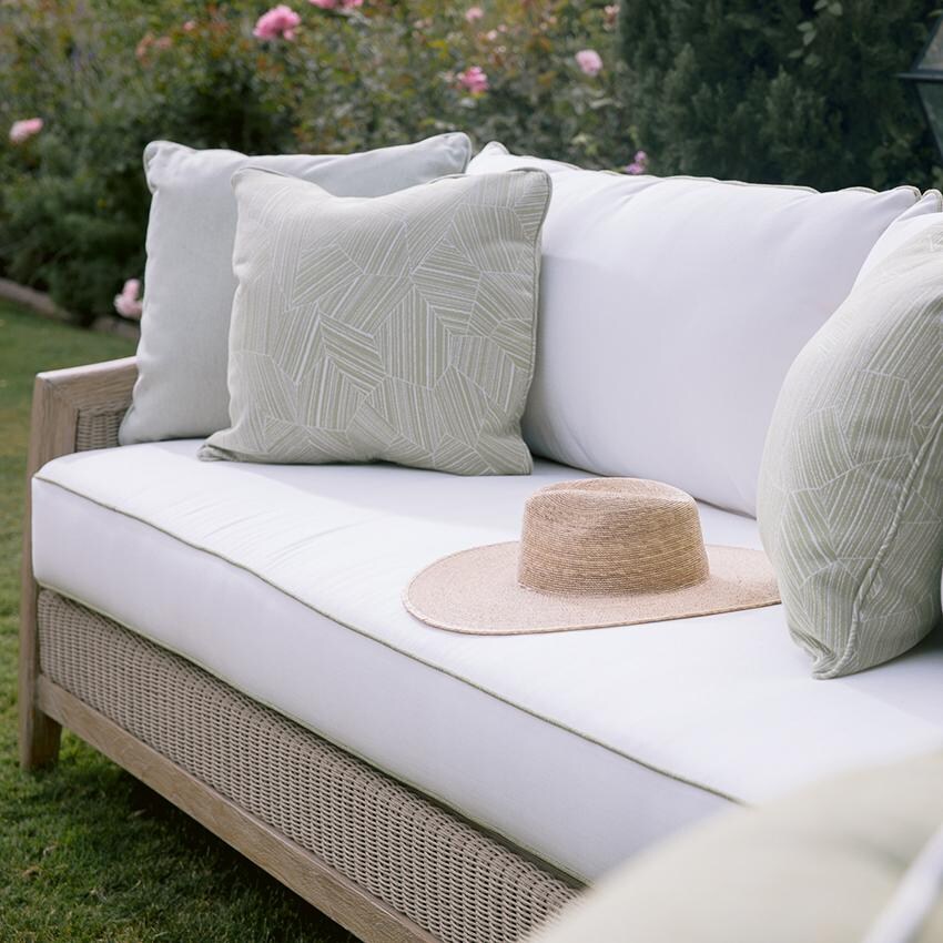 Cambria Teak Sofa in Light Wood/Canvas Canvas by Sunset West - Angled - Lifestyle thumbnail