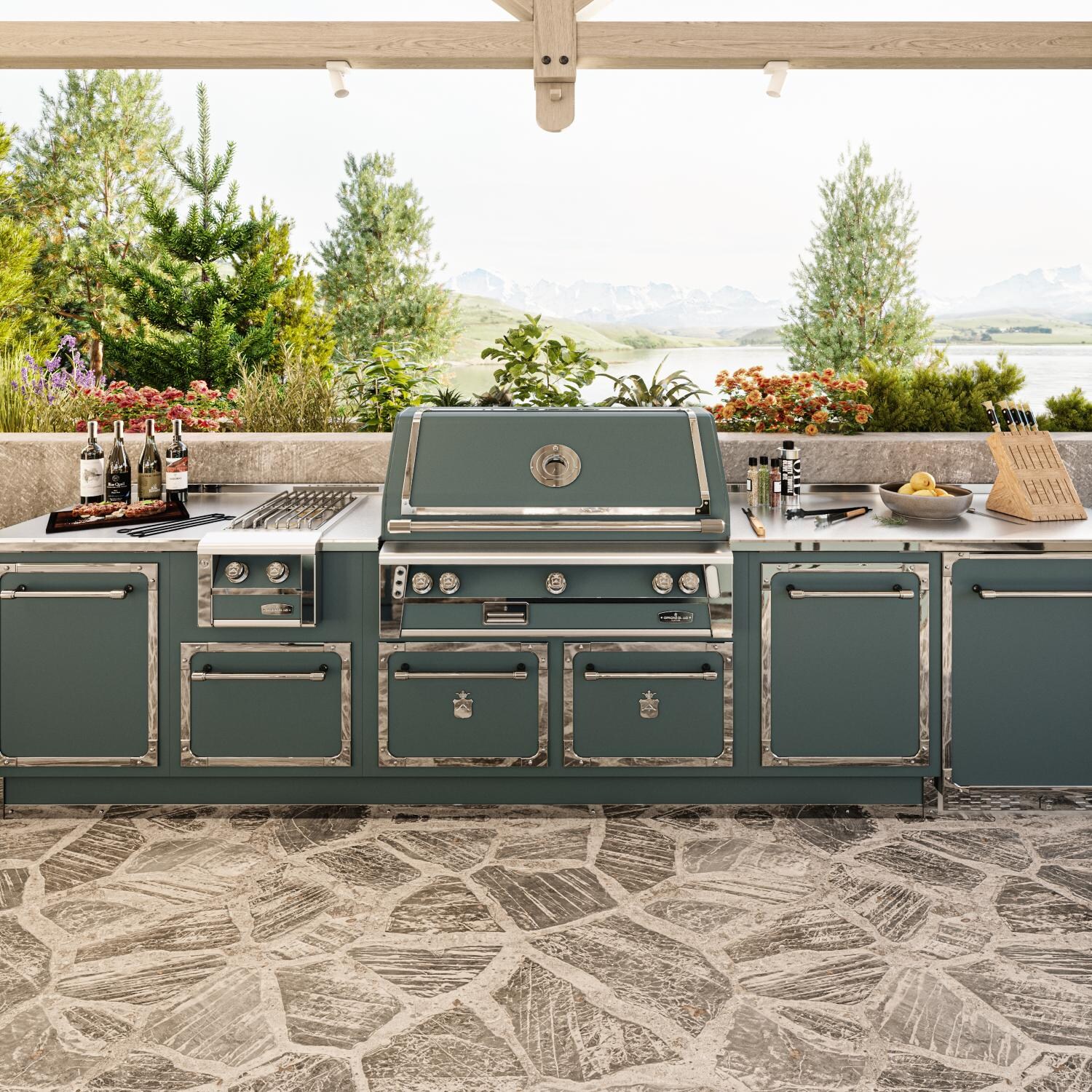 Officine Gullo BBQ42BI05 42-Inch OG Professional Propane Grill in Arancia di Sicilia - Built-In Grill Shown From The Right Side Wide Shot in Peacock Plume - Lifestyle thumbnail