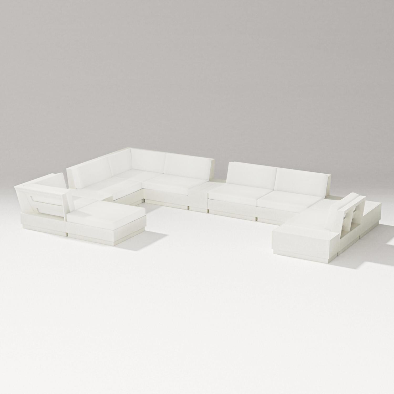 Elevate 12 Pc Recycled Plastic Chaise Sectional Seating Set in Vintage White/Natural Linen By PW Designer Series