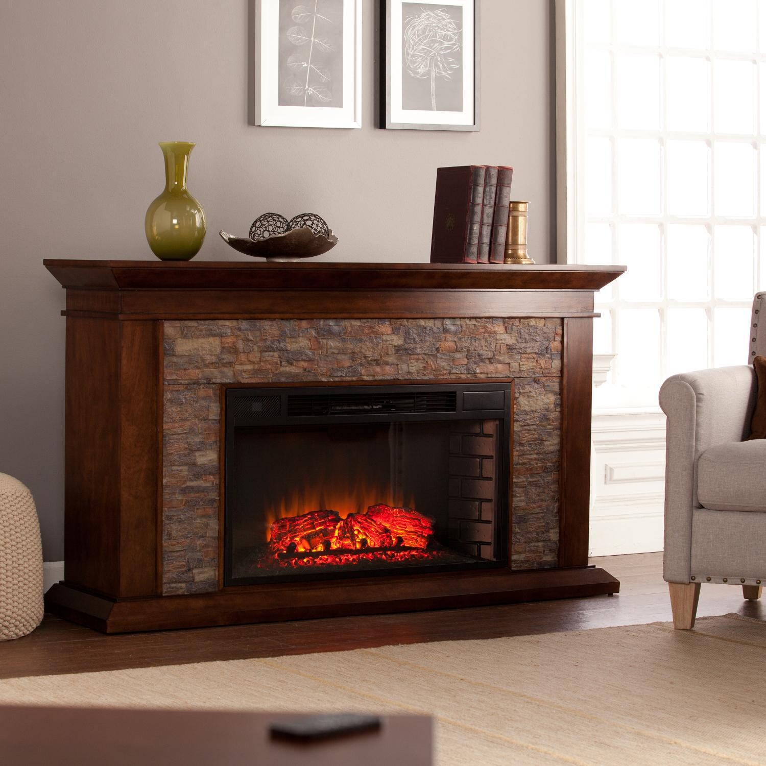Southern Enterprises Canyon Heights 60-Inch Electric Fireplace Mantel Package - Whiskey Maple W/ Durango Faux Stone - FE9023
