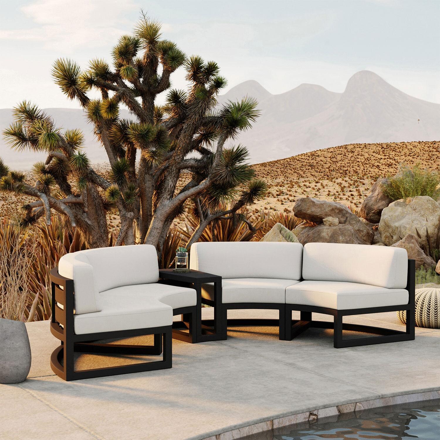 Lakeview MSTYCV-BK-3CSEC-CN Misty Cove 3 Pc Aluminum Curve Sectional Set in Black w/Wedge End Table & Canvas Natural Cushions by Lakeview Outdoor Designs - Set in Desert Setting - Lifestyle thumbnail
