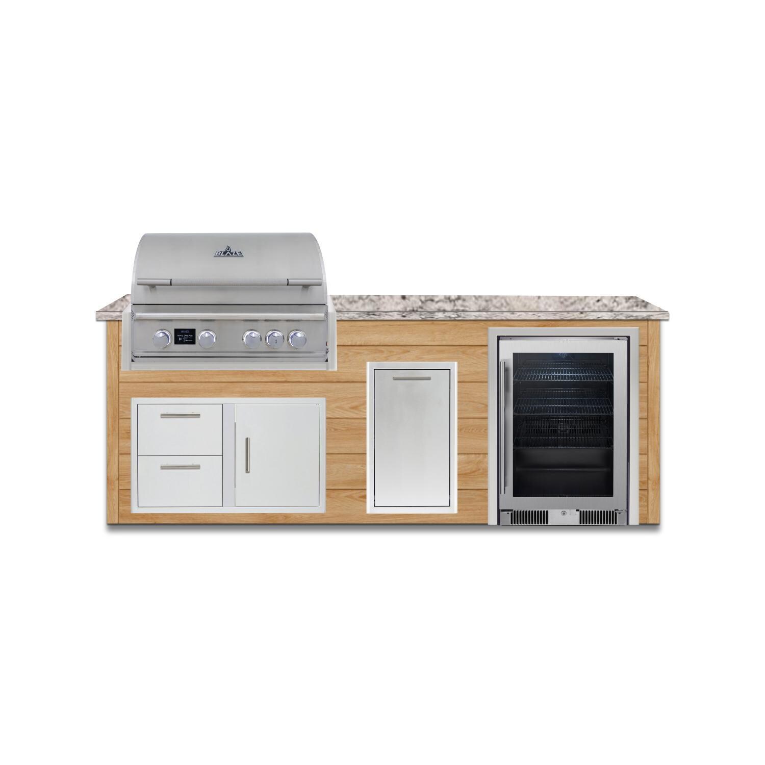 BBQGuys Signature 8 Ft Outdoor Kitchen Island w/ 32-in Natural Gas Blaze LTE PRO Grill, Beverage Center & Narrow Trash Bin | Sun Bleached Oak w/ White Granite