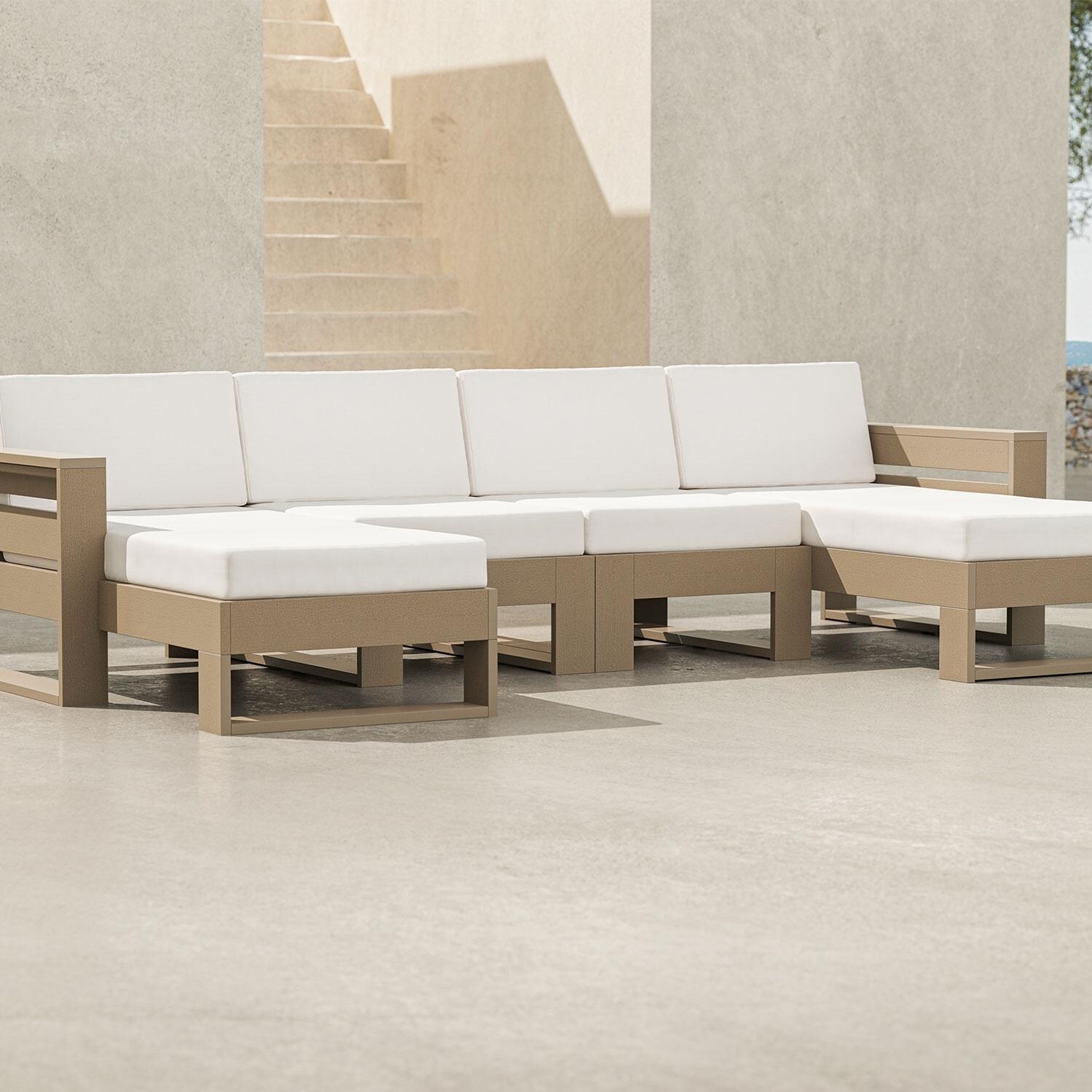 Latitude 4 Person Sectional Sofa in Vintage White/Ash Charcoal By PW Designer Series - Shown in Vintage Sahara/Dune Burlap Finish - Patio - Lifestyle thumbnail