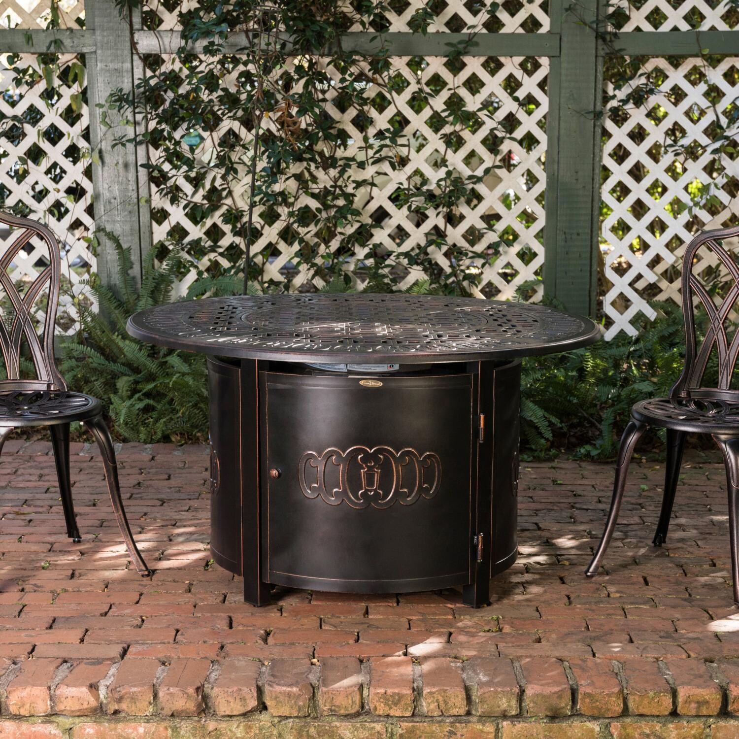 Cabin Parc 48 Inch Round Cast Aluminum Propane Fire Pit Table in Bronze by Ultimate Patio