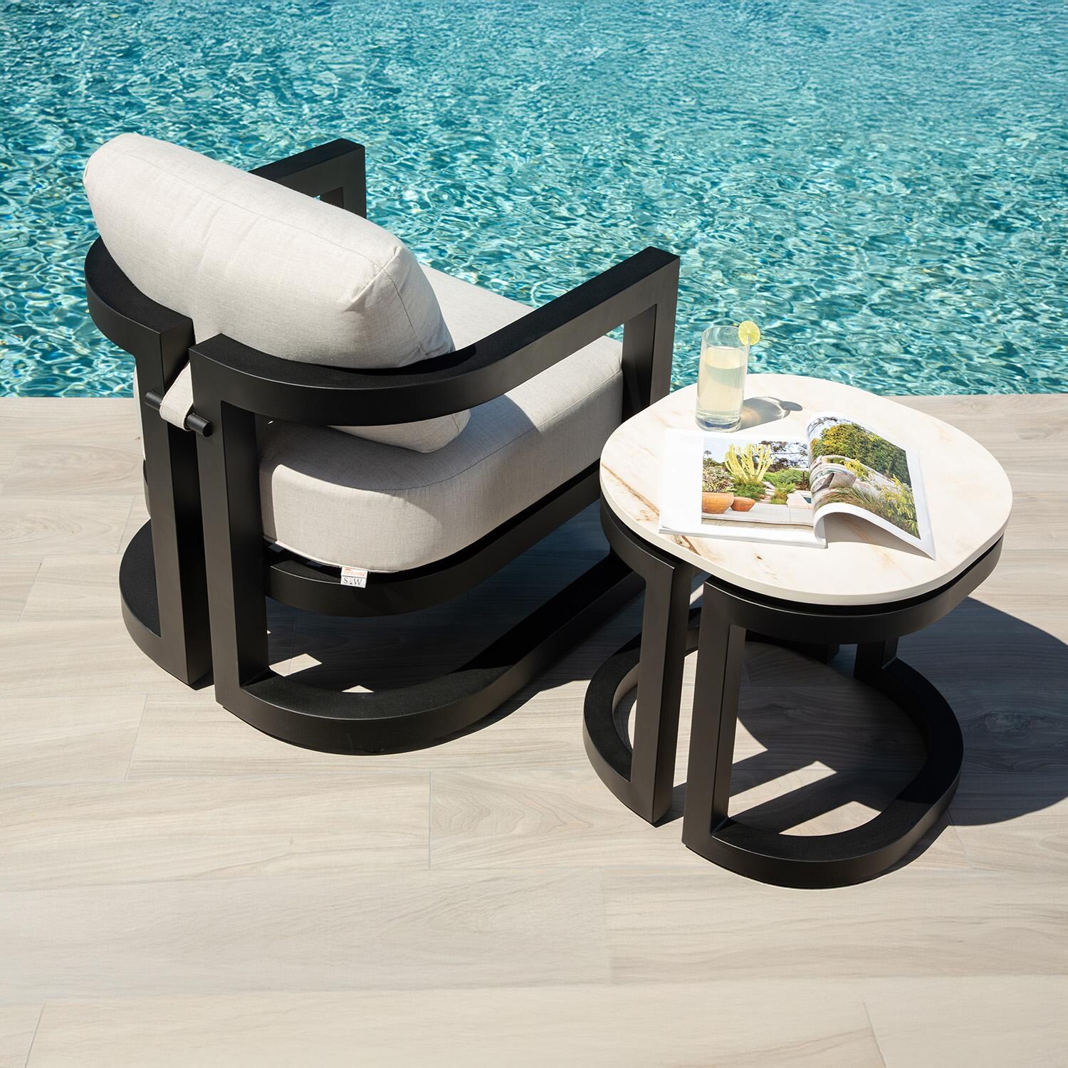 Malibu Aluminum Club Chair in Black/Soothe Pearl by Sunset West - By the Pool - Lifestyle thumbnail