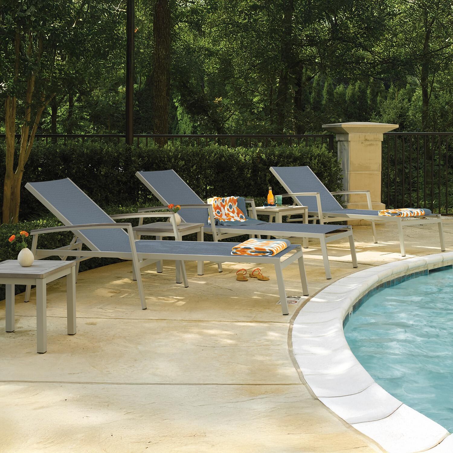 Oxford Garden 5123-PC.F Travira 8 Pc Aluminum Seating Set in Vintage Tekwood/ Titanium Sling by Oxford Garden - Reclined By Pool - Lifestyle thumbnail