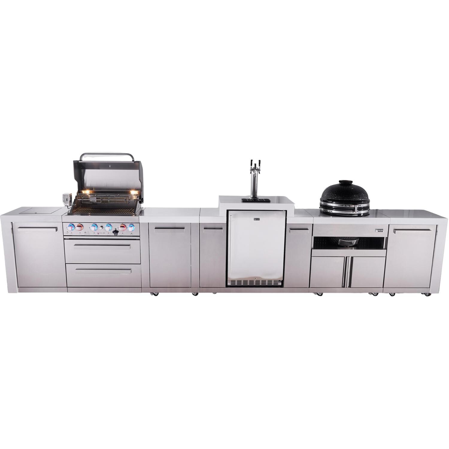 Mont Alpi Deluxe Series 15 Ft Natural Gas Outdoor Kitchen Island w/ 32-in Grill, Side Burner, Kegerator, Kamado Module & Extra Door (Ships Propane w/ Conversion Kit) - Grill Open - White Background thumbnail