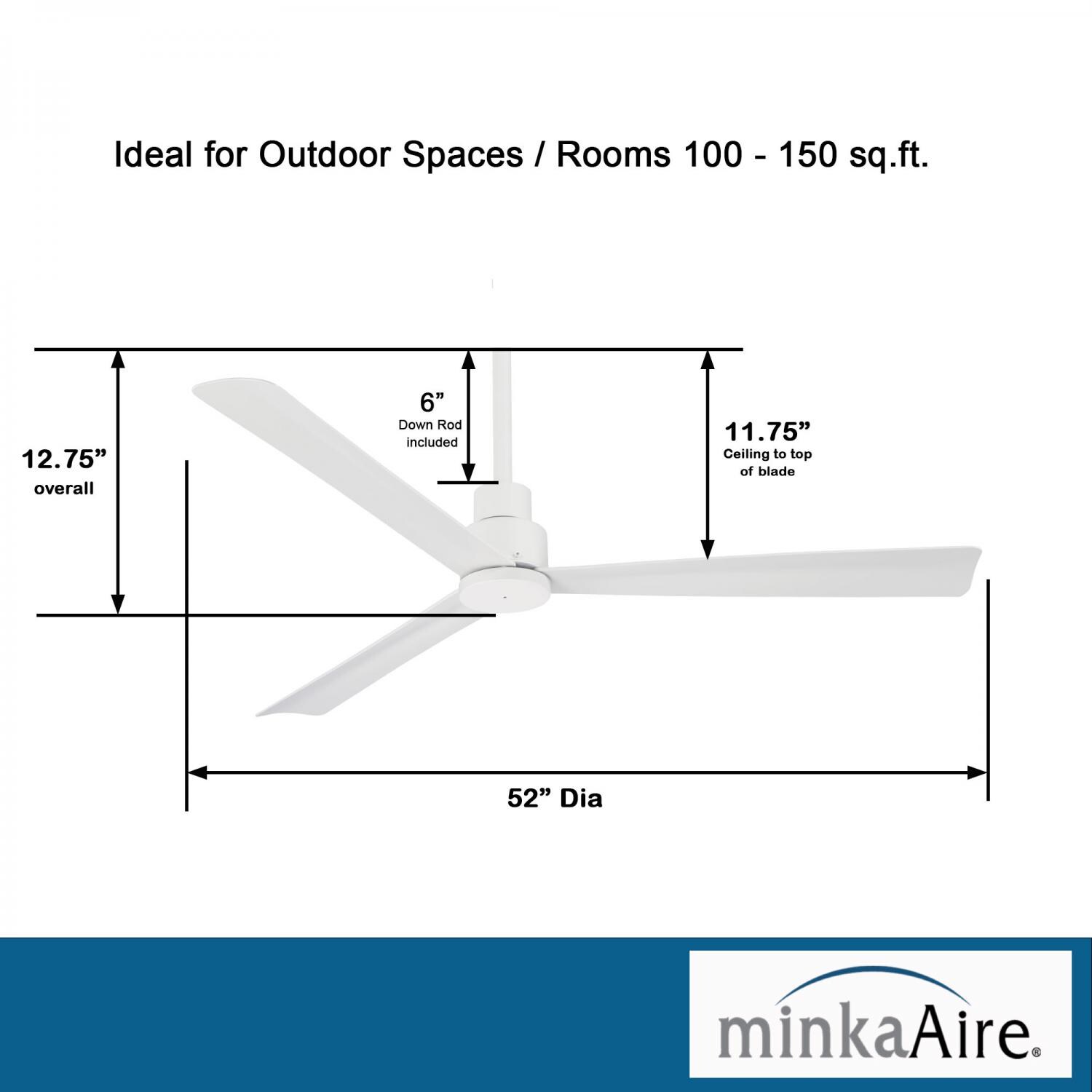 Minka-Aire F787-WHF Simple 52-Inch 3-Blade Ceiling Fan in Flat White Finish w/ Flat White Blades - Dimensions thumbnail