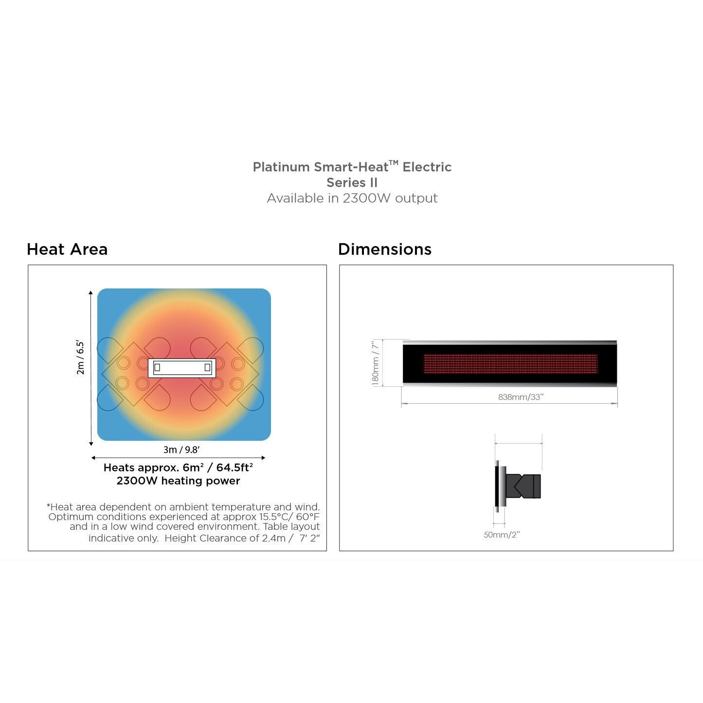 Bromic Platinum 2300W Smart-Heat Series II 240V Electric Patio Heater - Heat Area And Dimensions thumbnail