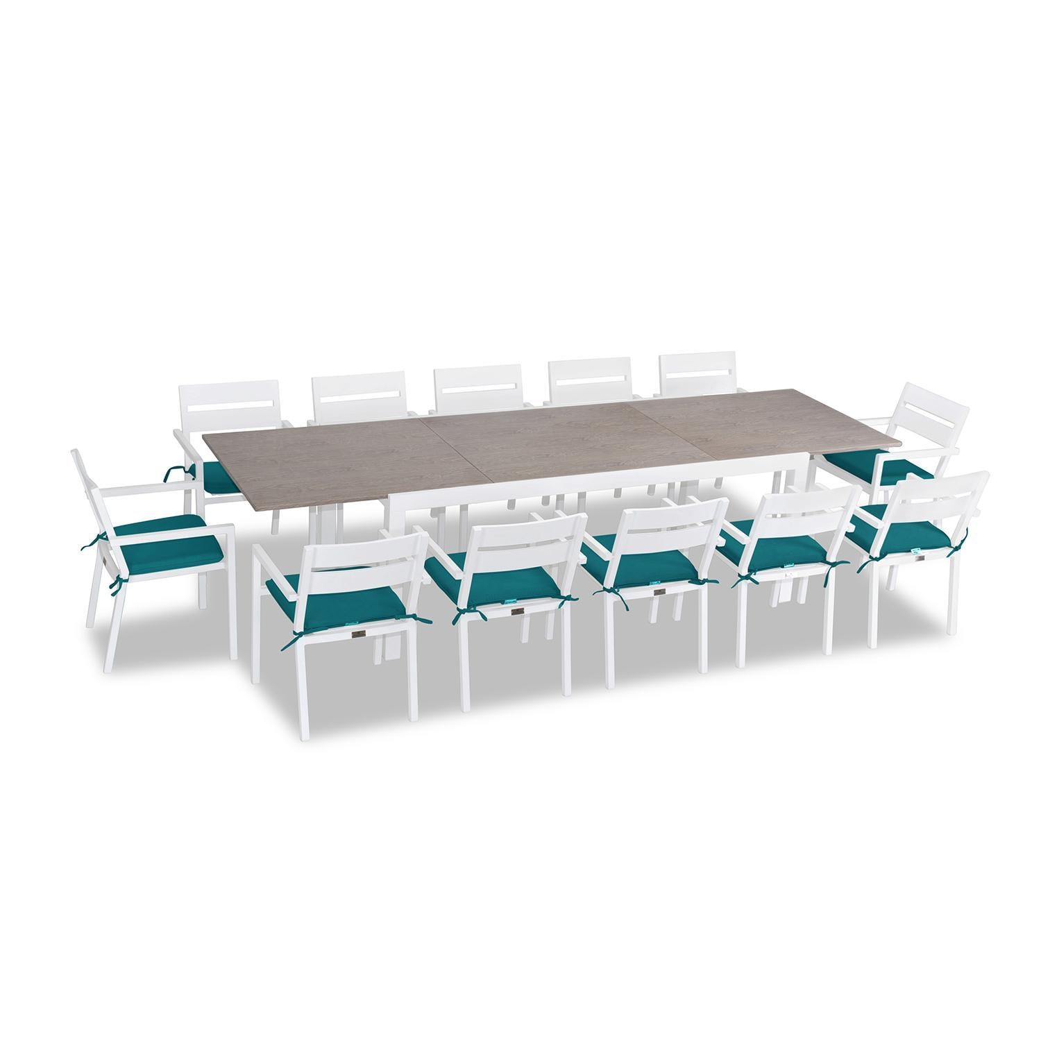Calm Bay 13 Pc Extendable Aluminum Dining Set in White/Barnwood/Spectrum Peacock by Lakeview Outdoor Designs
