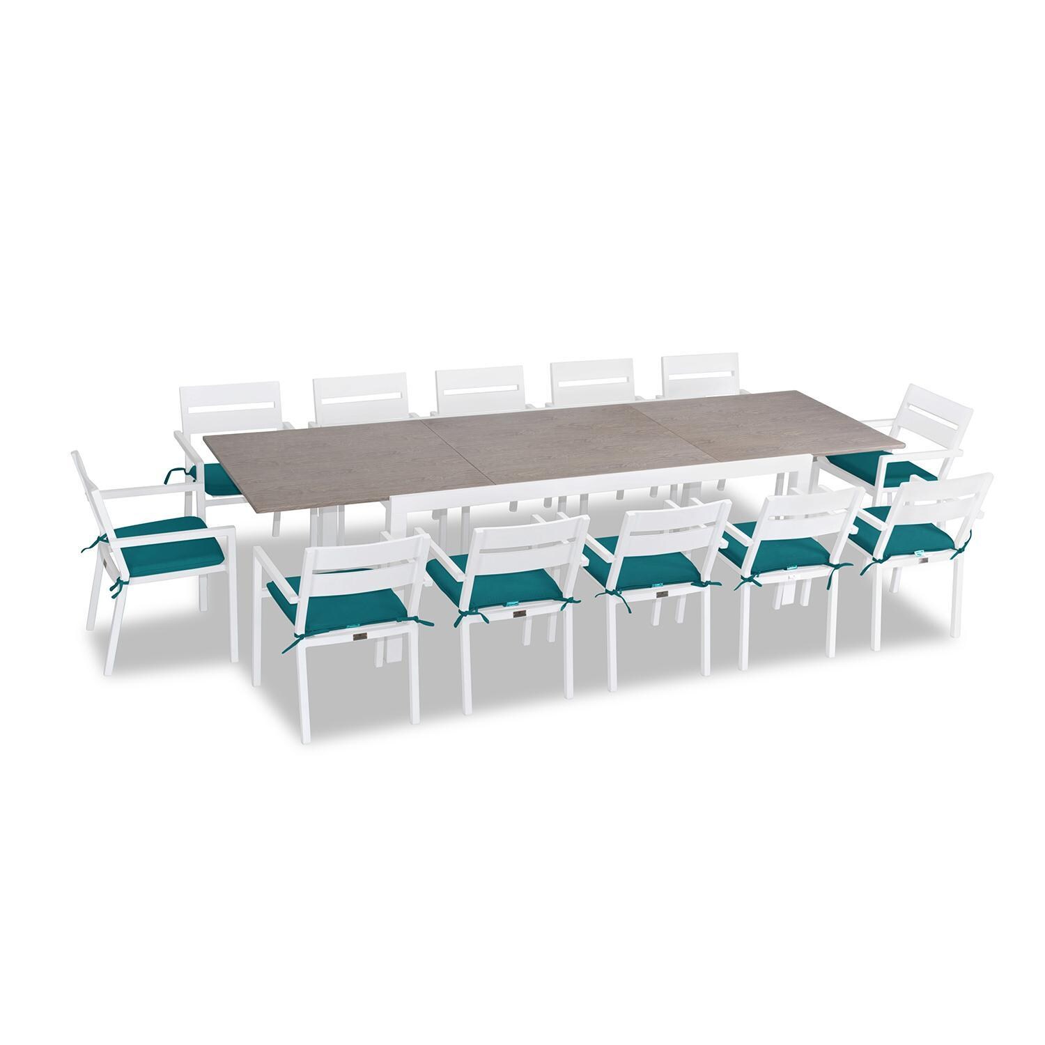 Calm Bay 13 Pc Extendable Aluminum Dining Set in White/Barnwood/Spectrum Peacock by Lakeview Outdoor Designs