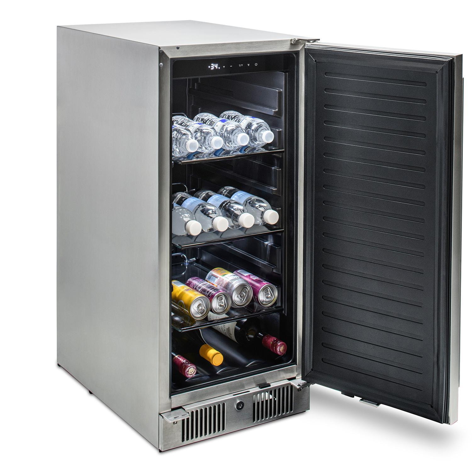Blaze BLZ-SSRF-15 15-Inch 3.2 Cu. Ft. Outdoor Rated Compact Refrigerator - Side View with Drinks thumbnail