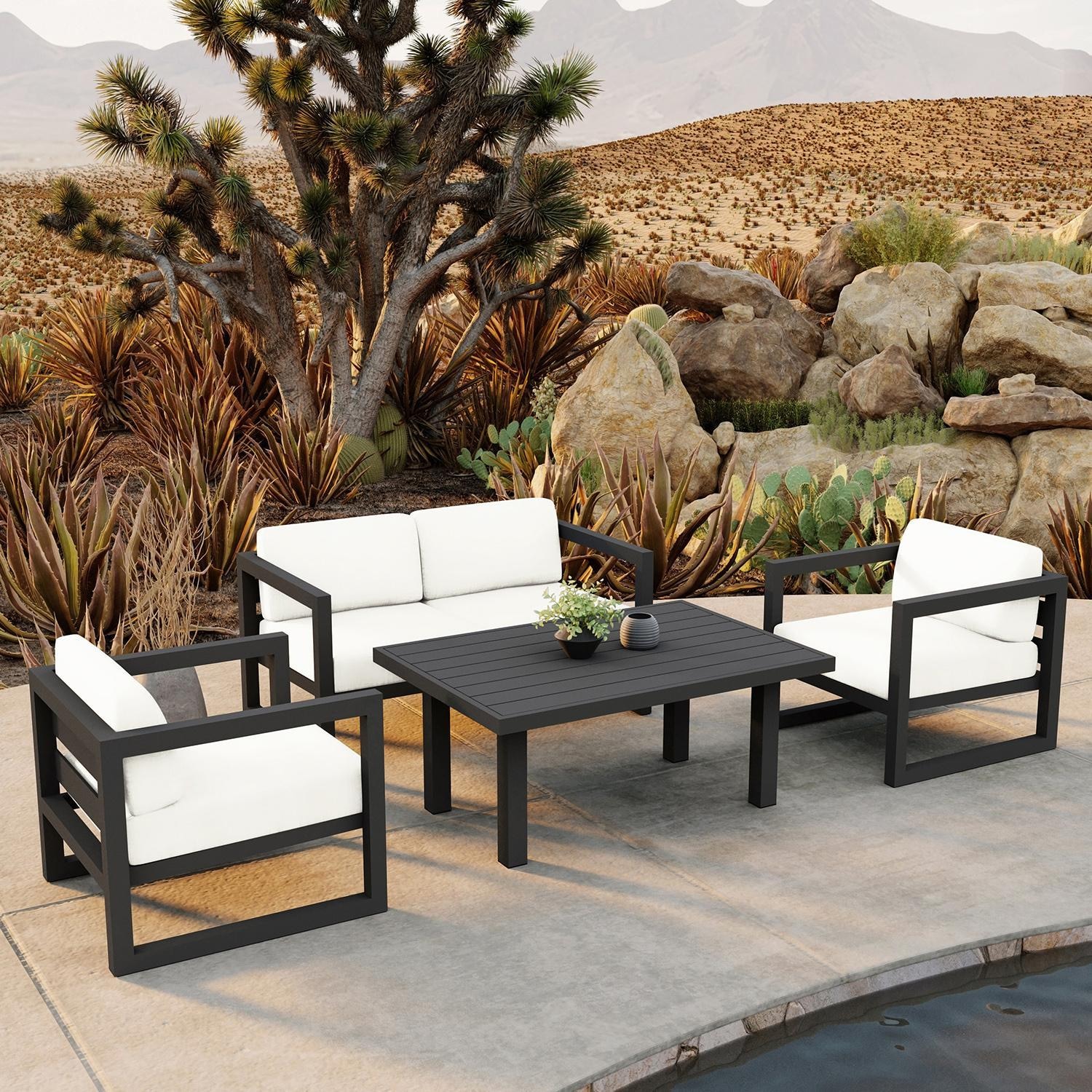 Misty Cove 4 Pc Aluminum Seating Set w/ Classic Chat Table Slate/Canvas Natural by Lakeview Outdoor Designs