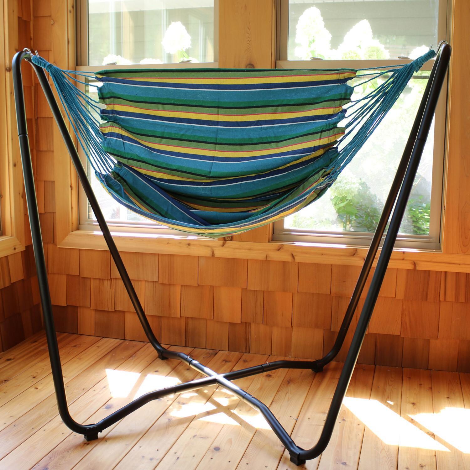 Ultimate Patio Hanging Hammock Chair Swing w/ 2-Point Space-Saving Stand - Ocean Breeze - Indoor thumbnail
