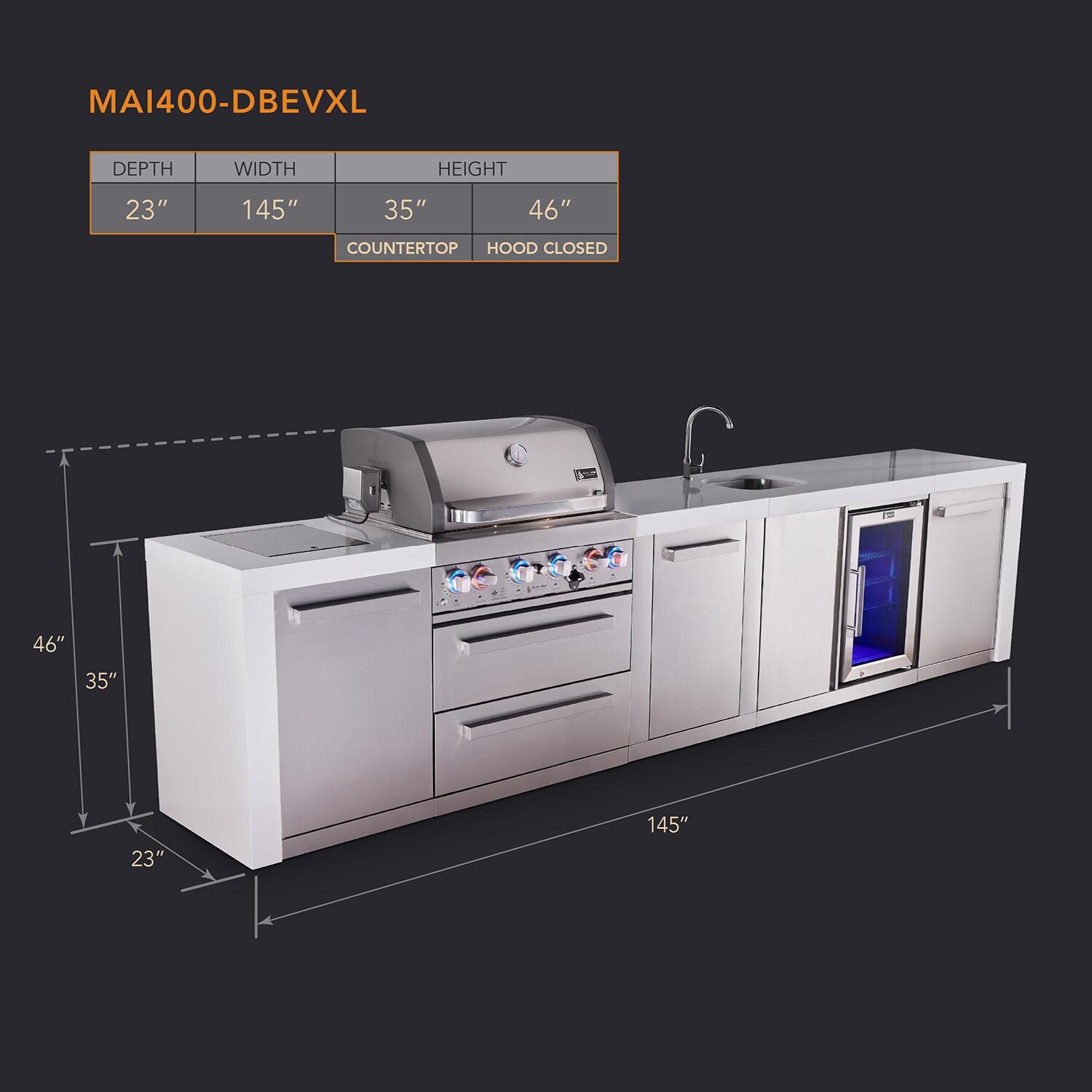 Mont Alpi Deluxe Series 12 Ft Propane Outdoor Kitchen Island w/ 32-in Grill, Side Burner, Beverage Center & Extra Door - MAi400-DBEVXL - Dimensions - Dimensional thumbnail