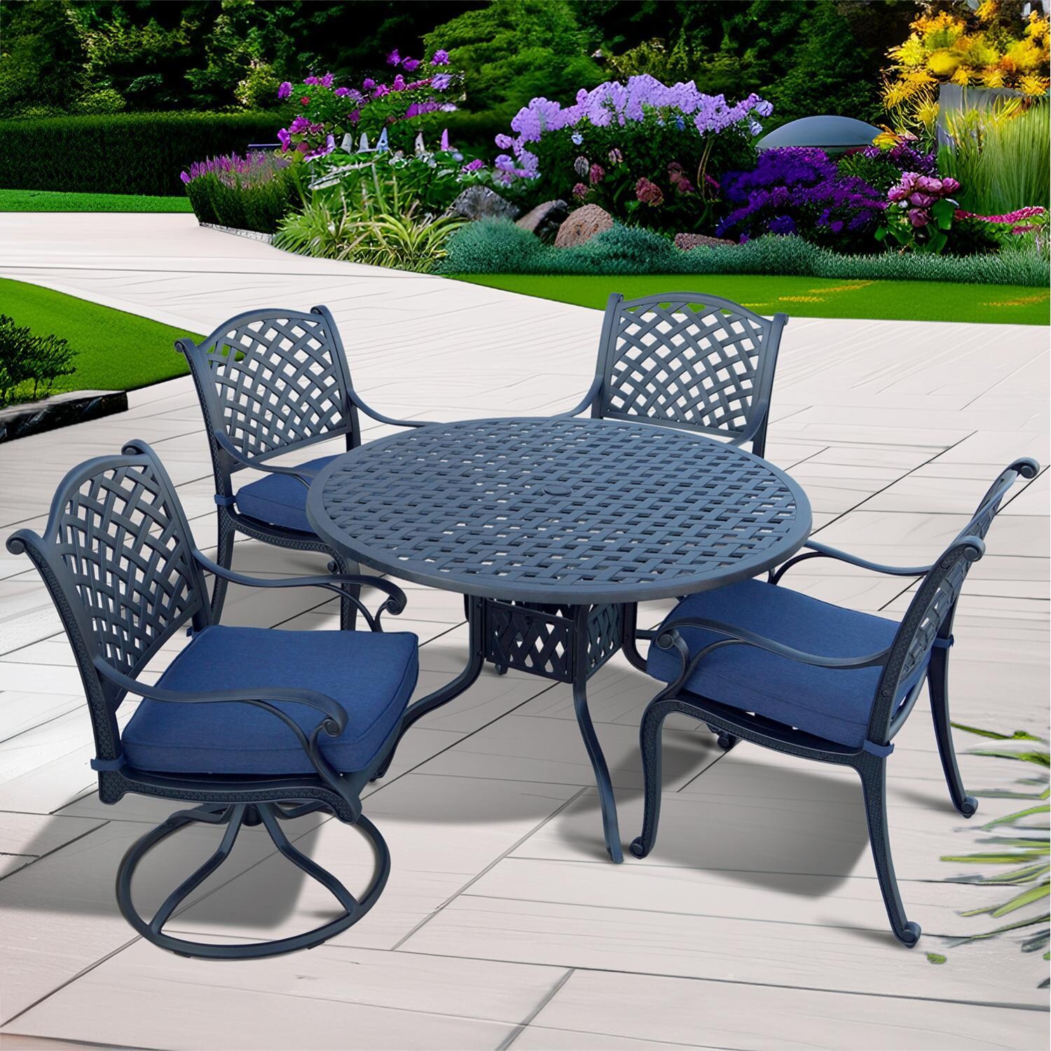 Darlee Nassau 5-Piece Patio Dining Set (with 2 Swivel Rockers) with Navy Blue Cushions and 48 Inch Round Dining Table - Set - Lifestyle thumbnail