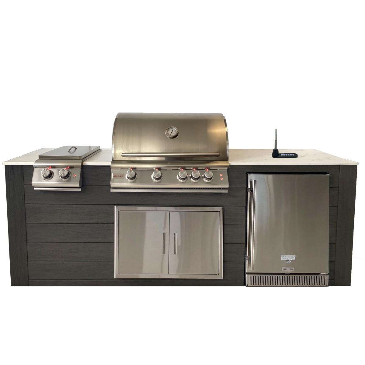 Pro-Fit 8-Foot Outdoor Kitchen Island W/ Blaze LTE 32-Inch Propane Gas Grill, Double Side Burner, Refrigerator & Beverage Dispenser - Onyx / Bianco Giulia A Satin