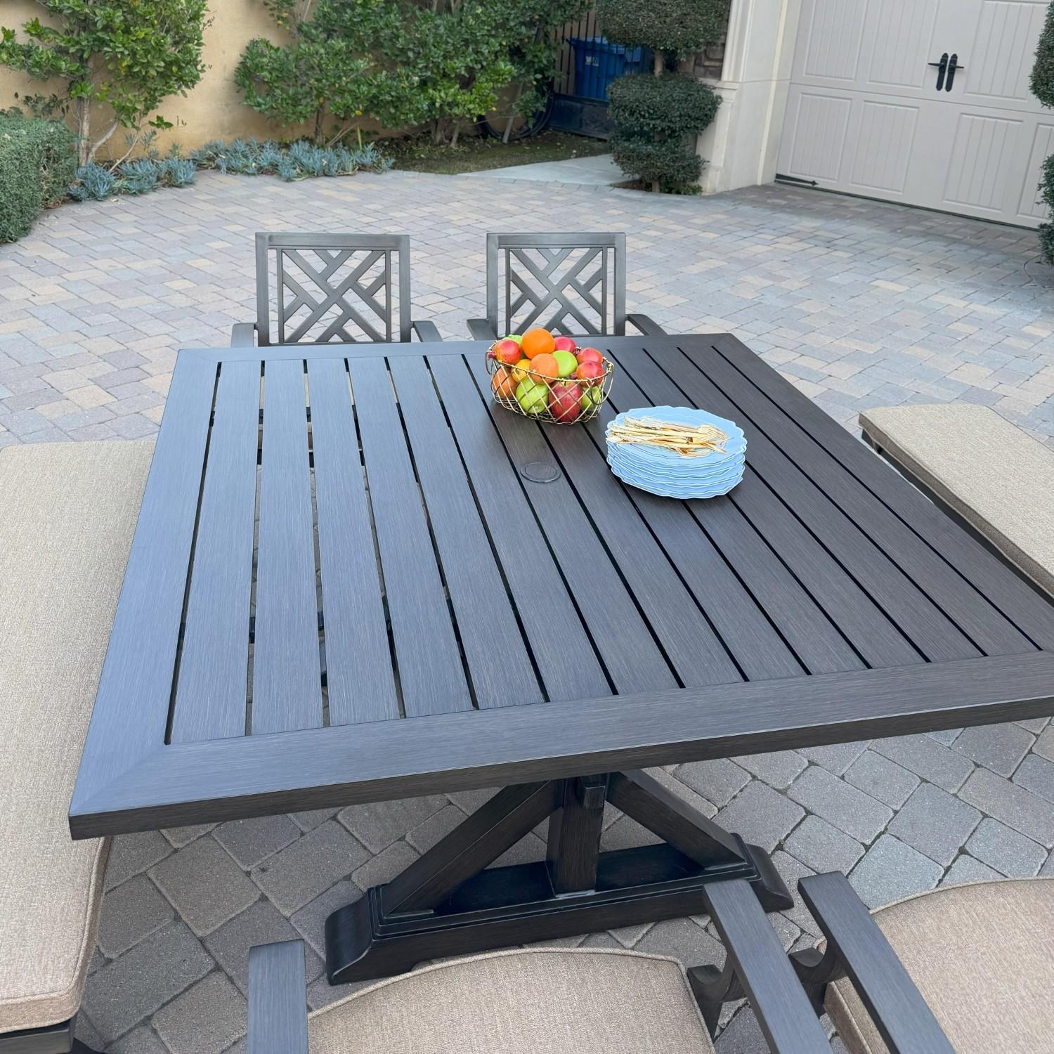 Brooklyn 7 Pc Aluminum Dining Set w/ 59 Inch Square Table in Sesame/Multi-brown by Darlee - Table Close Up - Lifestyle thumbnail