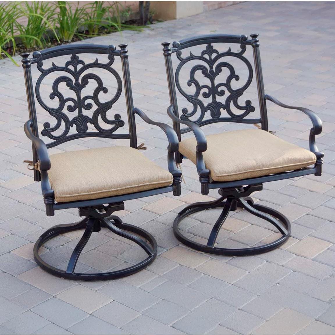Santa Barbara 7 Pc Cast Aluminum Swivel / Rocker Dining Set in Antique Bronze/Beige Canvas by Darlee - Swivel Rockers - Lifestyle thumbnail