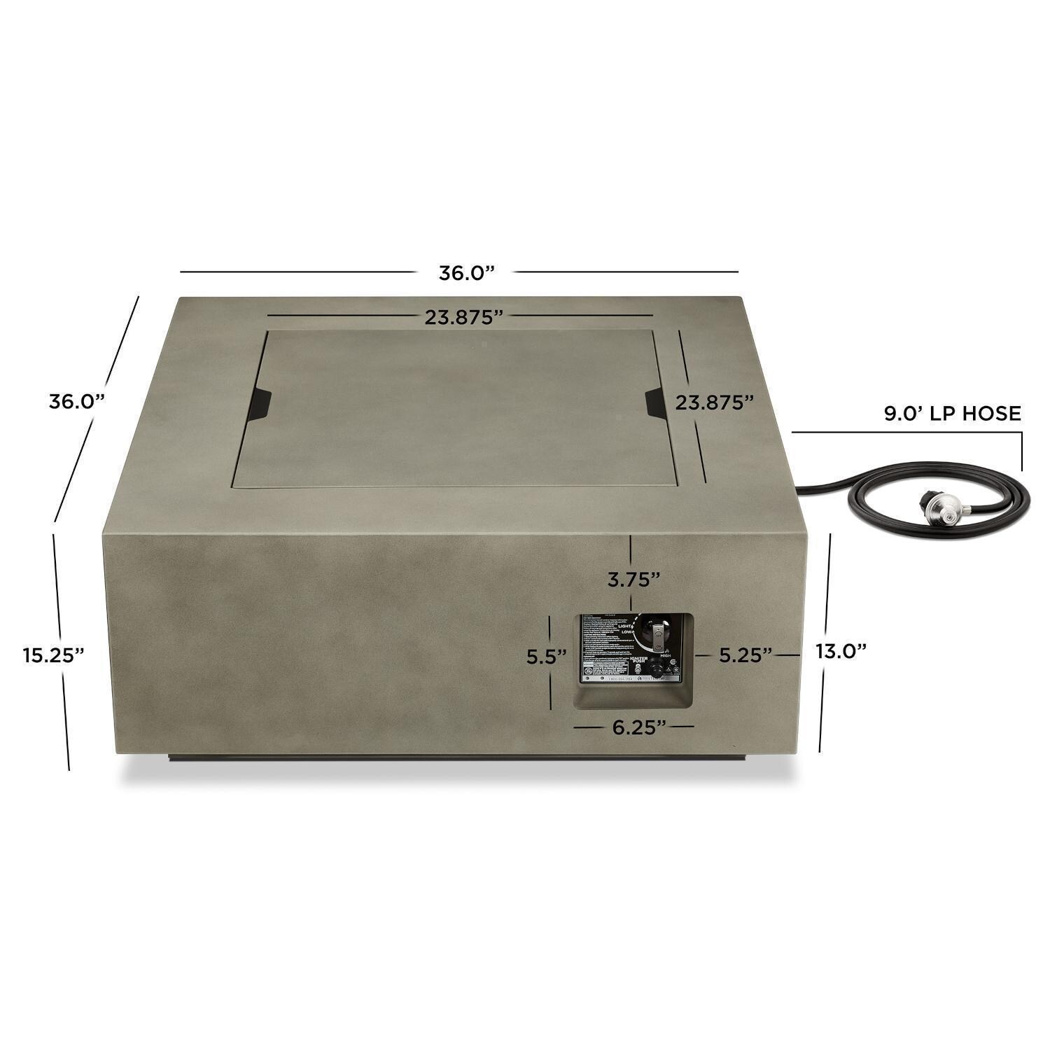 Elysian 3 Pc Powder Coated Steel 36 Inch Square Fire Pit in Mist Gray by Lakeview - Measurements - Dimensional thumbnail