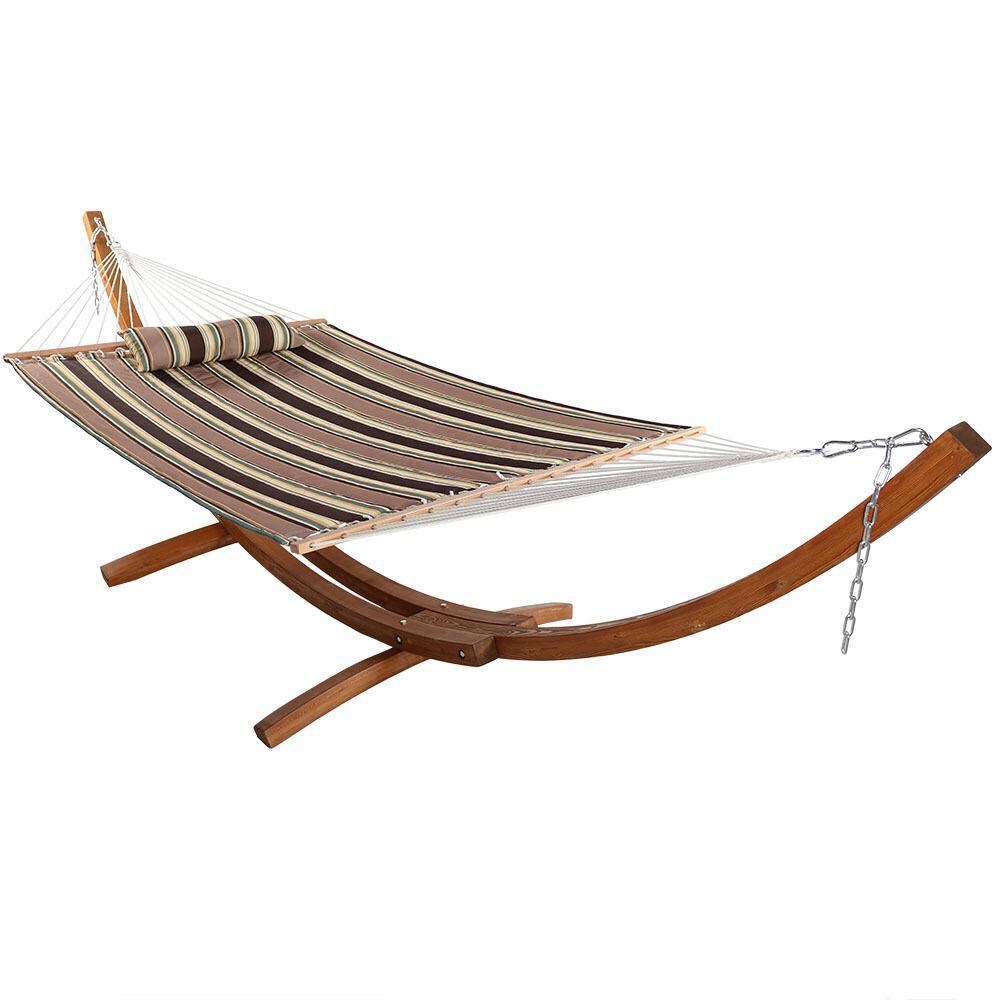 Ultimate Patio Quilted Double Hammock & Pillow w/ 13-Foot Wood Stand - Sandy Beach