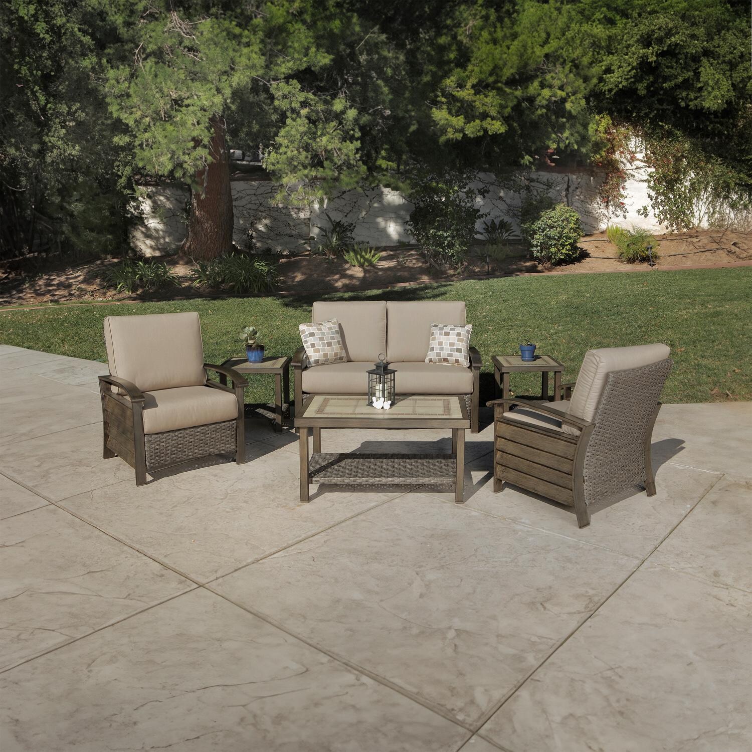 Lakeview Dove Cay 6 Piece Wicker & Aluminum Patio Conversation Set W/ 40 X 24-Inch Rectangular Table & Spectrum Mushroom Cushions