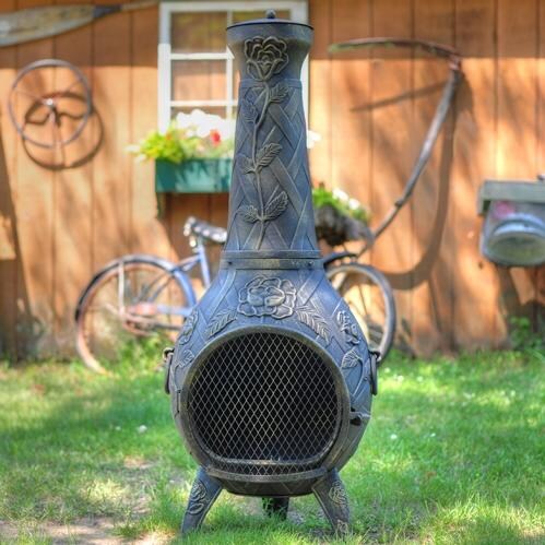 The Blue Rooster Rose Style Cast Aluminum Chiminea With Propane Gas Conversion Kit - Antique Green thumbnail