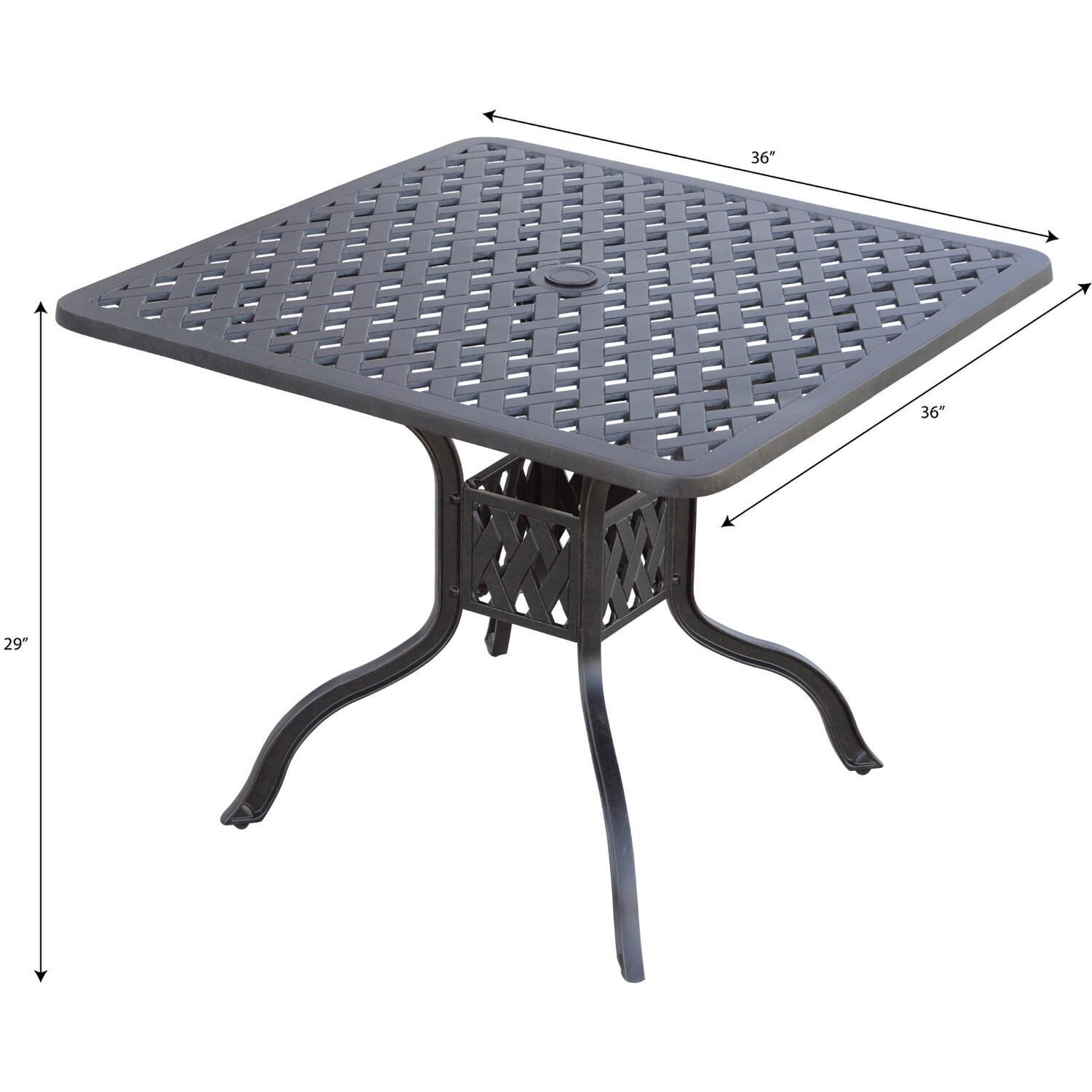 Darlee Nassau 5-Piece Patio Swivel Rocker Dining Set with Sesame Cushions and 36 Inch Square Dining Table - Table Dimensions - Dimensional thumbnail