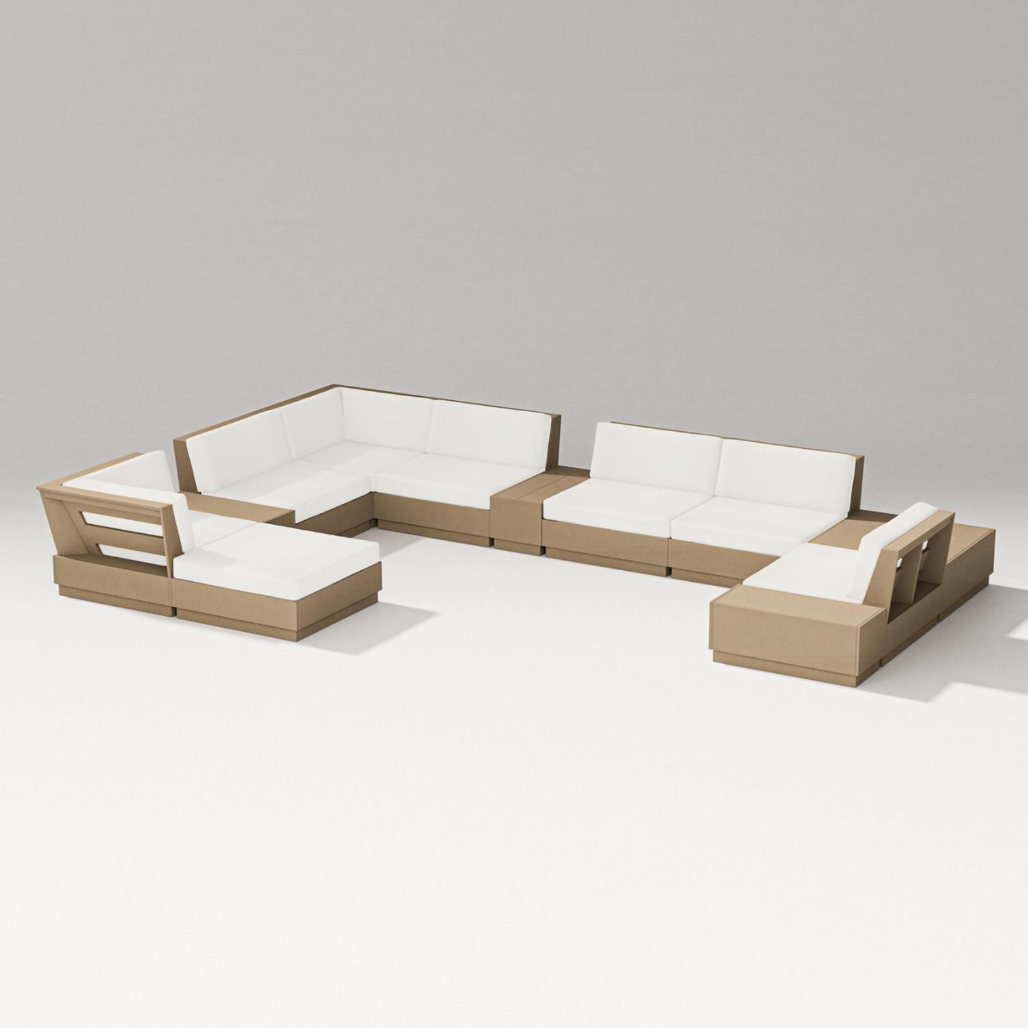Elevate 12 Pc Recycled Plastic Chaise Sectional Seating Set in Vintage Sahara/Natural Linen By PW Designer Series
