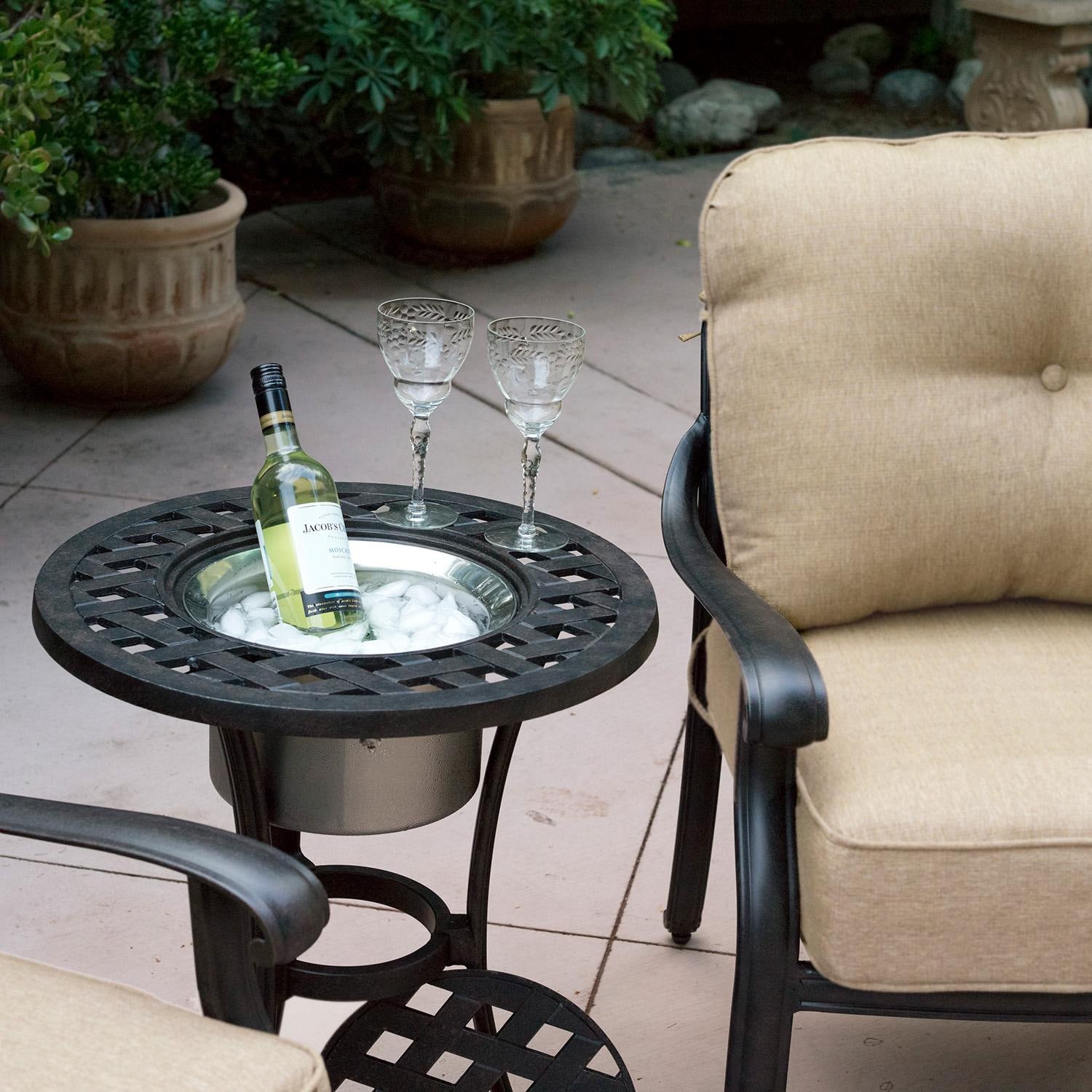Darlee Elisabeth 3 Pc Cast Aluminum Seating Set w/ 21 Inch Round Series 30 Ice Bucket End Table in Antique Bronze/Beige - Table w/ Chair - Lifestyle thumbnail