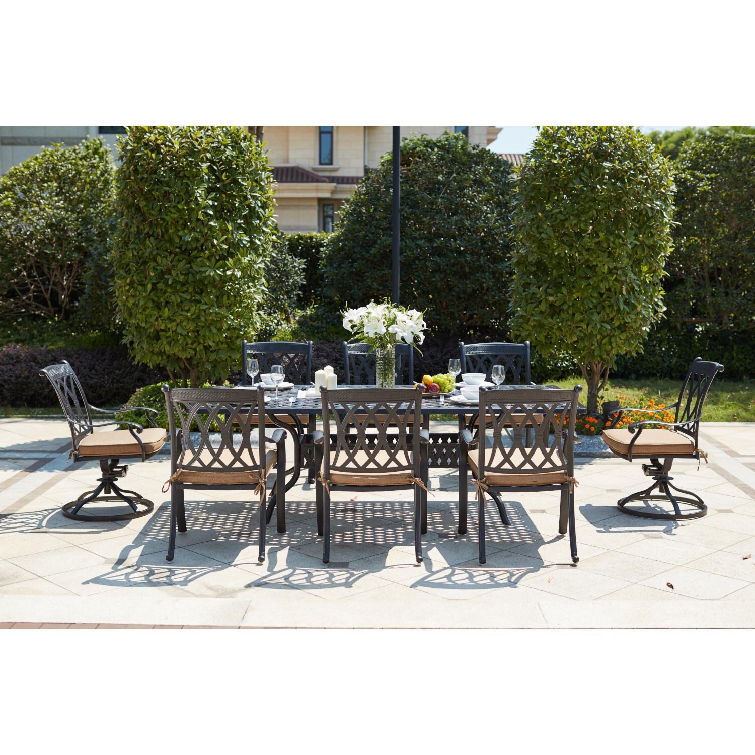 Darlee 201660-9PC-30SL Capri 9 Piece Cast Aluminum Patio Dining Set W/ 92 X 42 Inch Rectangular Table - Lifestyle thumbnail