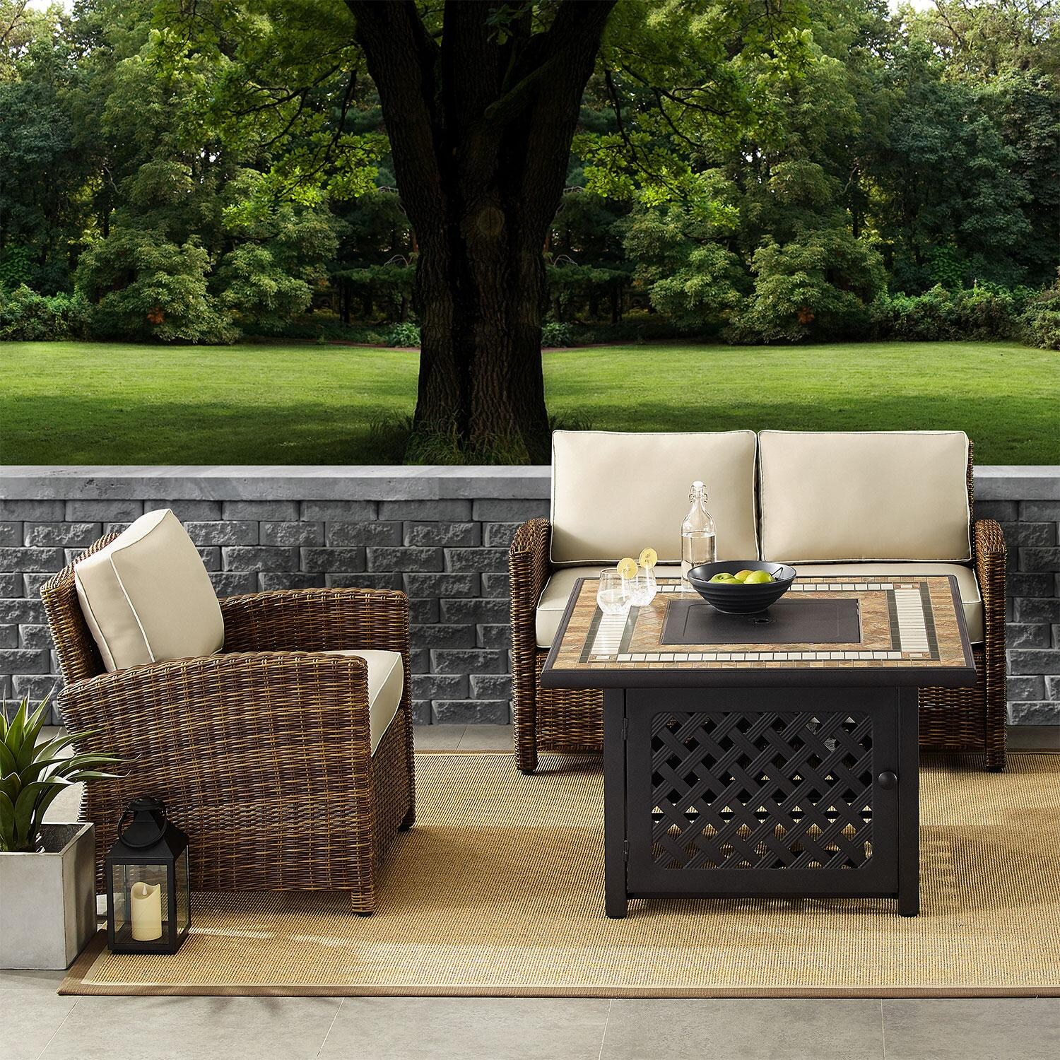 Ultimate Patio UP-92394-SA 3Pc Wicker Outdoor Loveseat Set in Sand - On Patio W/ Fire Table Off - Lifestyle thumbnail
