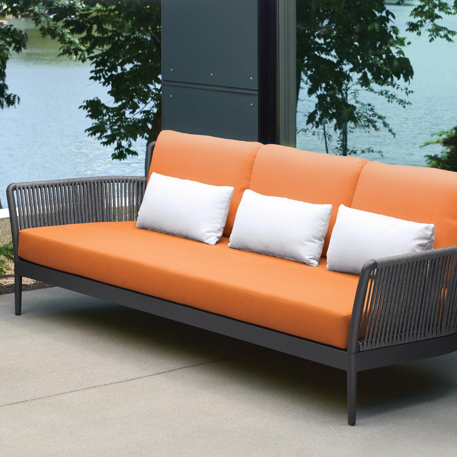 Nette Woven Rope Sofa w/ Lumbar Pillows in Carbon/Tangerine by Oxford Garden