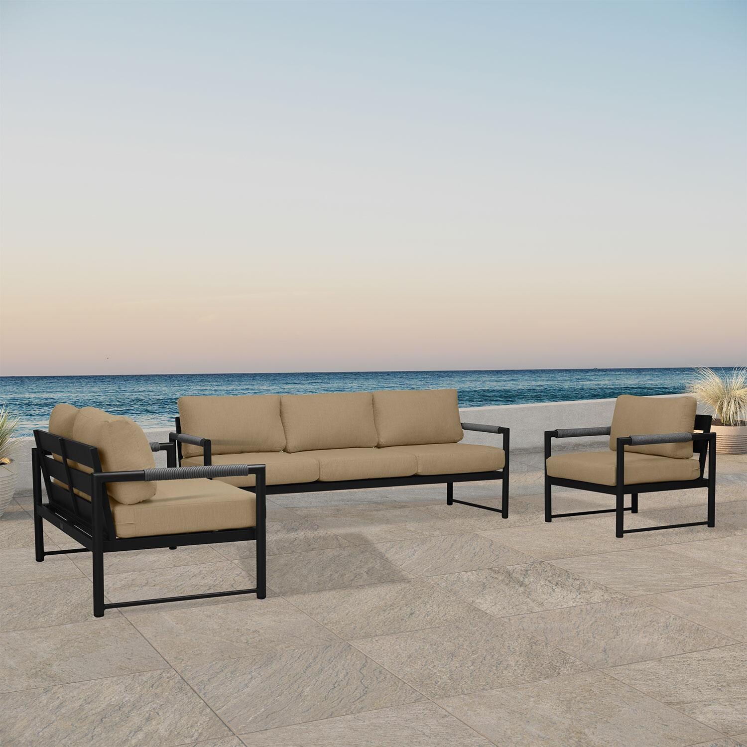 Lakeview AVEBAY-BK-CO-SET143-HB Avenue Bay Black/Carbon 3 Pc Sofa Loveseat Set - Heather Beige - Angled On Patio - Lifestyle thumbnail