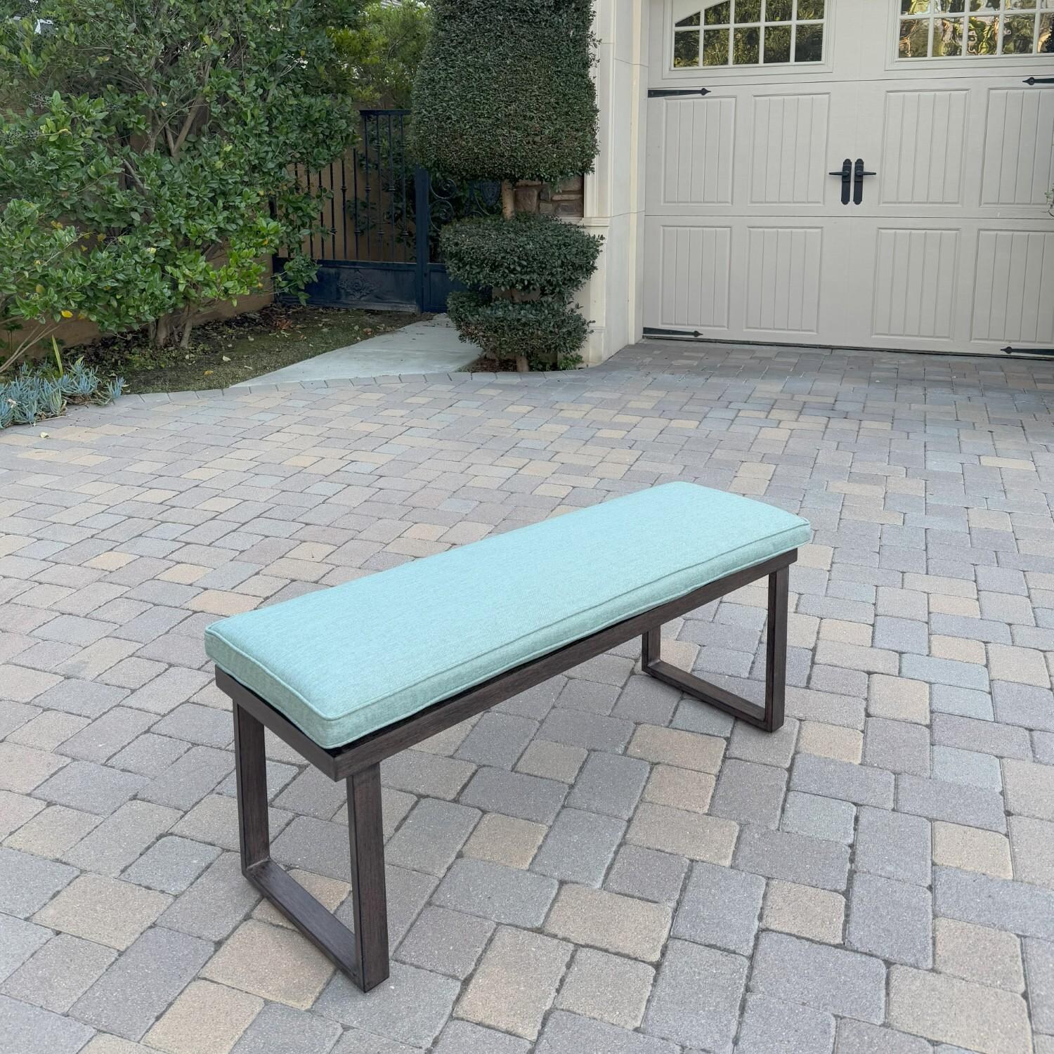 Atlantis 8 Pc Aluminum Dining Set w/ 6 Dining Side Chairs & Two Person Bench in Walnut/Spa by Darlee - Bench - Lifestyle thumbnail