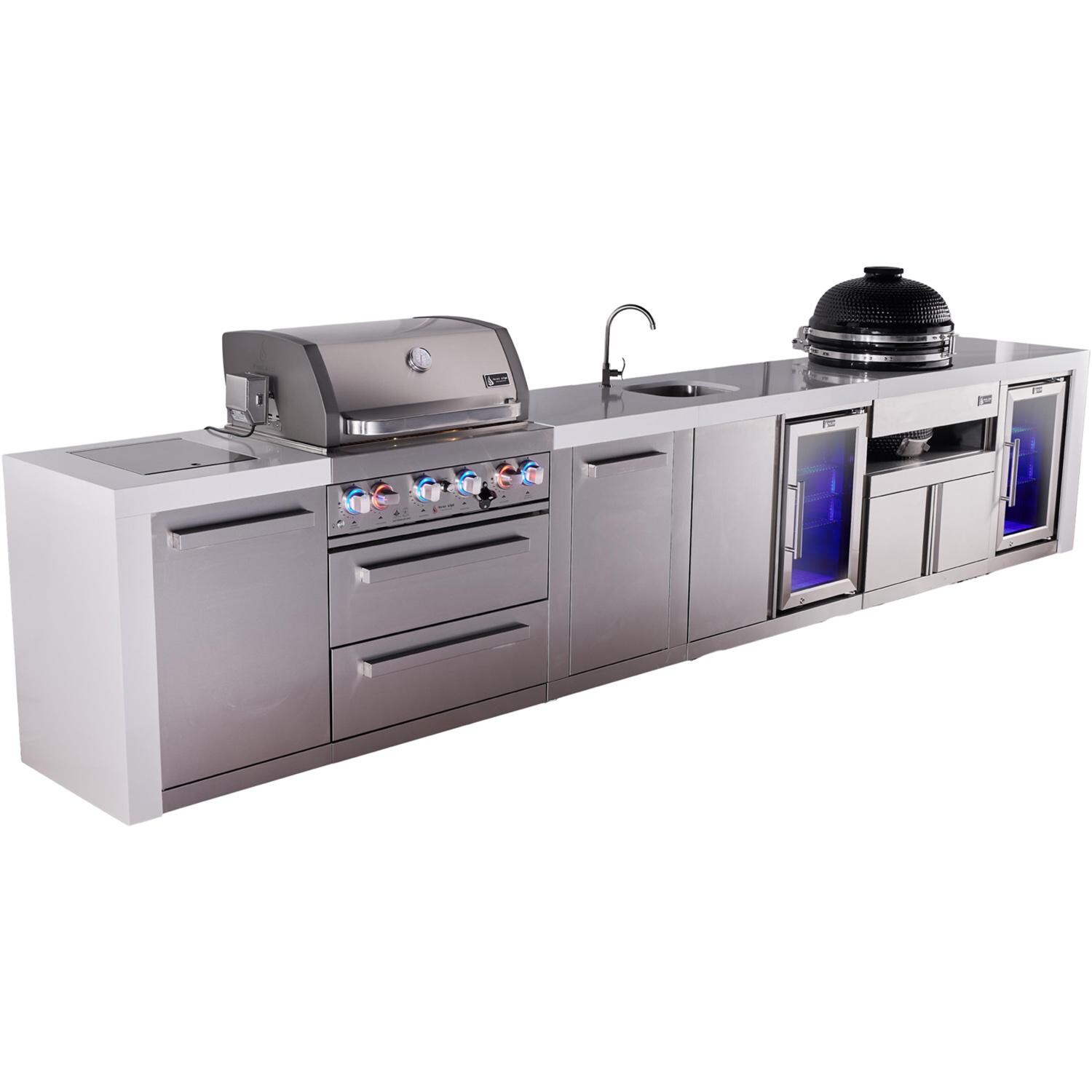 Mont Alpi Deluxe Series 15 1/2 Ft Natural Gas Outdoor Kitchen Island w/ 32-in Grill, Side Burner, Beverage Center, Fridge, Kamado Module & Extra Door (Ships Propane w/ Conversion Kit) - Angled Left - White Background thumbnail