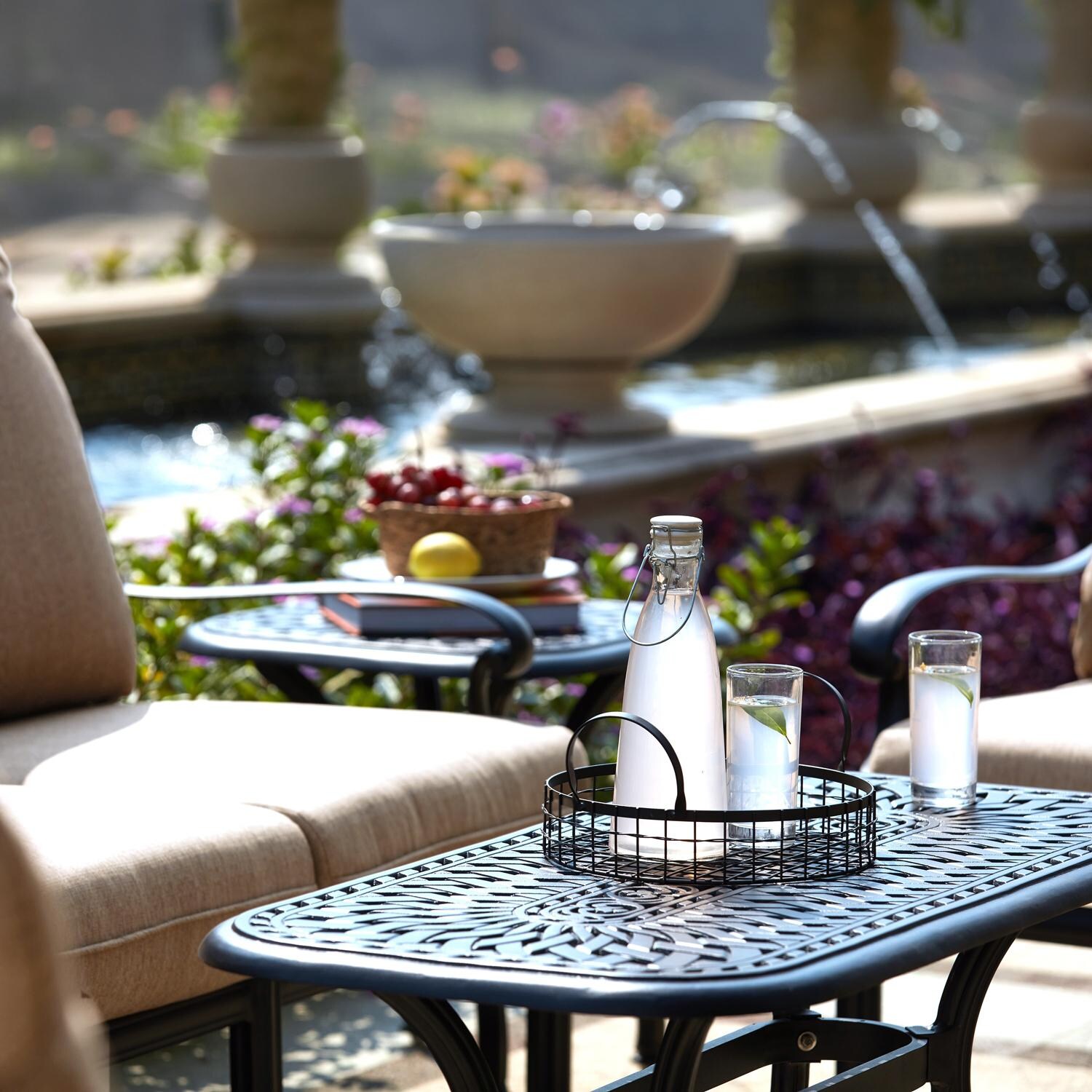 Darlee Santa Barbara 6 Pc Cast Aluminum Seating Set w/ Series 60 Tables - Coffee Table, In Use - Lifestyle thumbnail