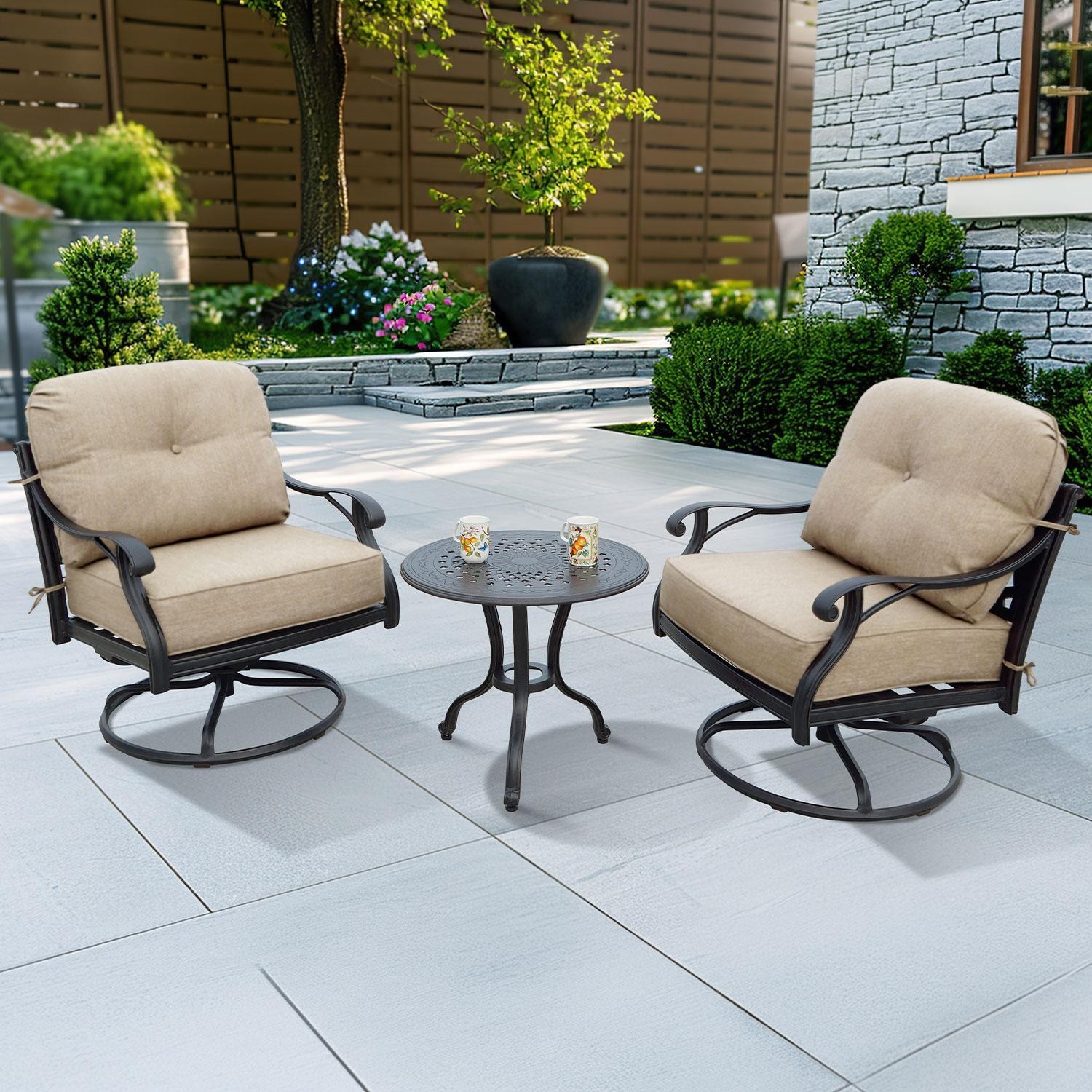 Darlee Nassau 3 Pc Cast Aluminum Seating Set w/ 24 Inch Table & Swivel Rockers in Antique Bronze/Beige Canvas by - B/DL603-3PCR-26R