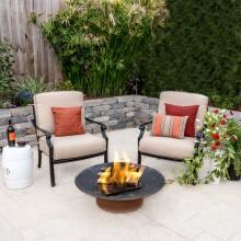 Carondelet 3 Piece Cast Aluminum Patio Fire Pit Conversation Set W/ Sunbrella Spectrum Sand Cushions By Lakeview Outdoor Designs image