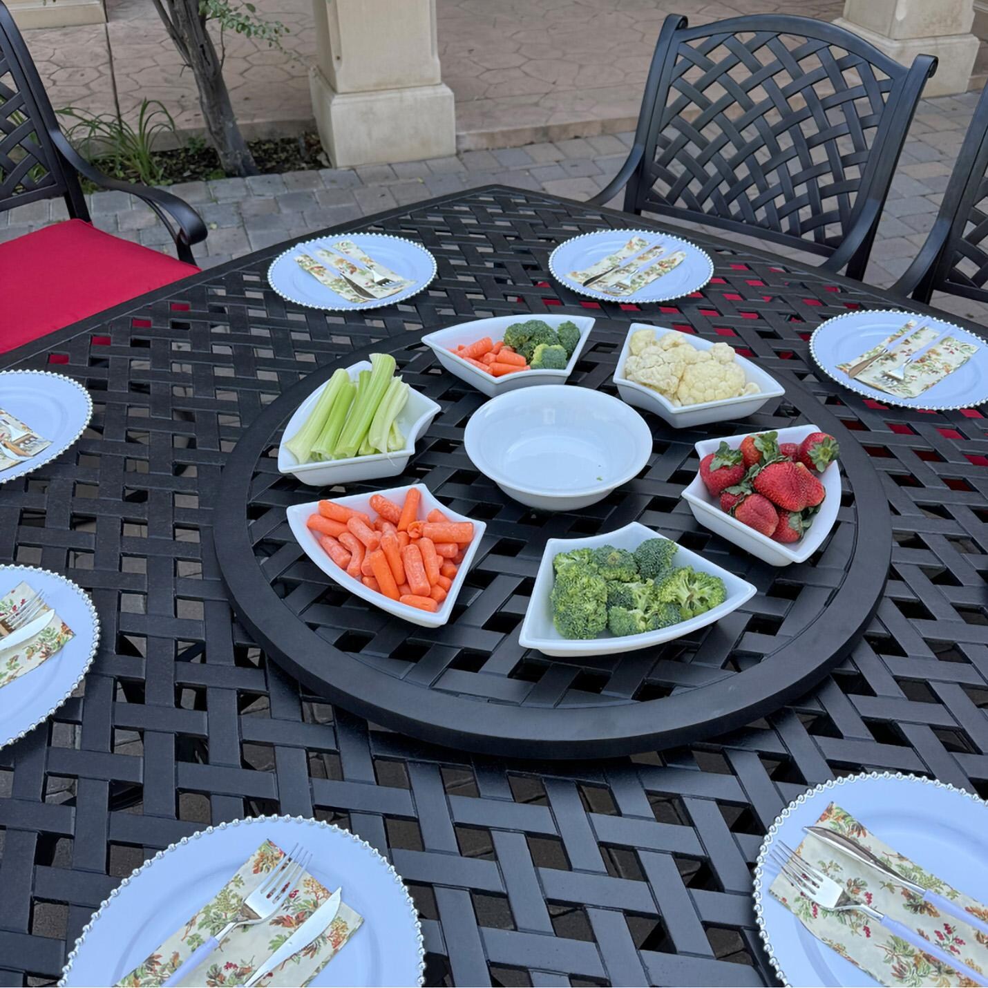 Darlee B/DL13-10PCAR-30W3930-R Nassau 10 Pc Cast Aluminum Dining Set in Antique Bronze w/ Red Cushions - Lazy Susan w/ Veggies - Lifestyle thumbnail