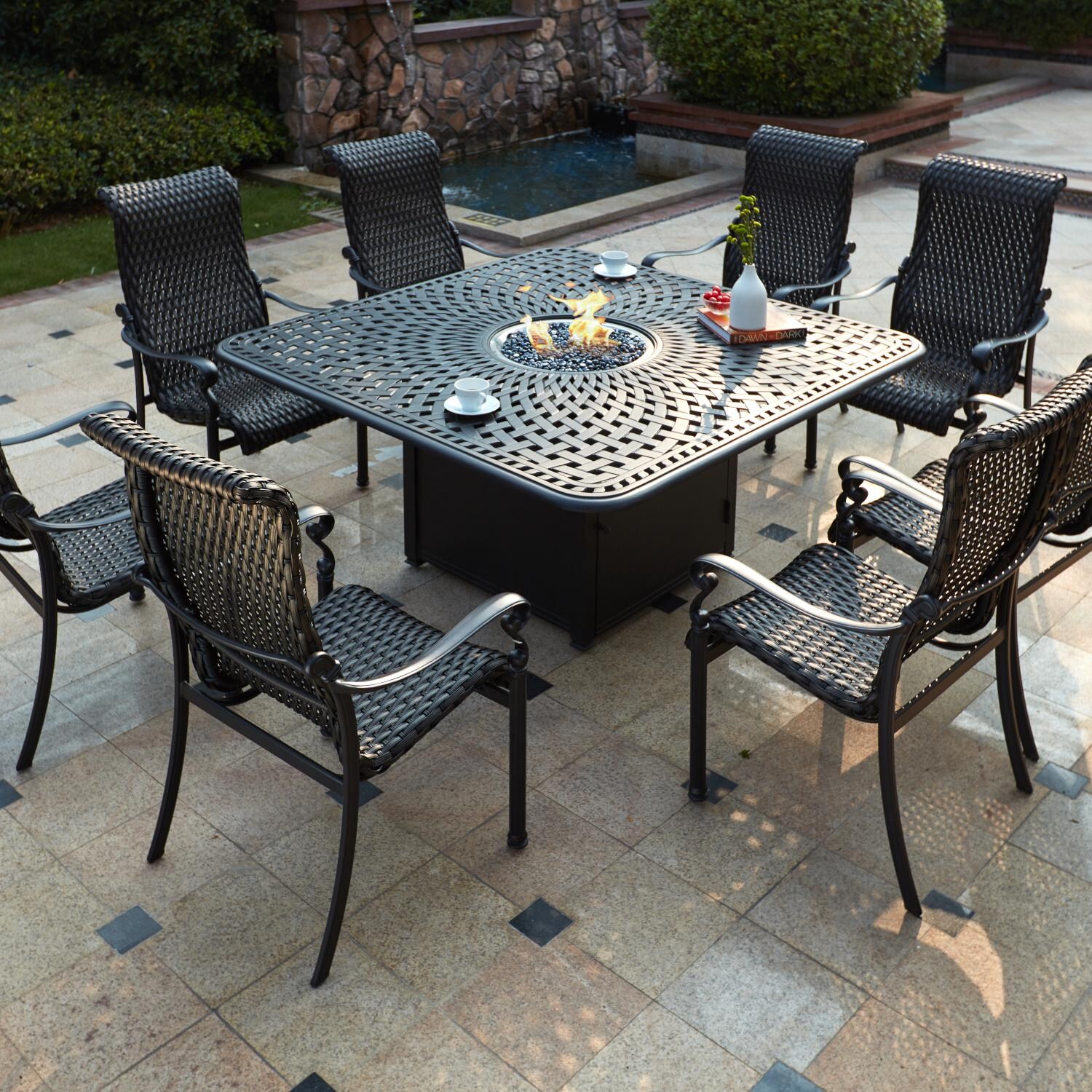 Darlee 501210-9PC-60GW Victoria 9 Piece Resin Wicker Patio Fire Pit Dining Set W/ 64 Inch Square Table thumbnail