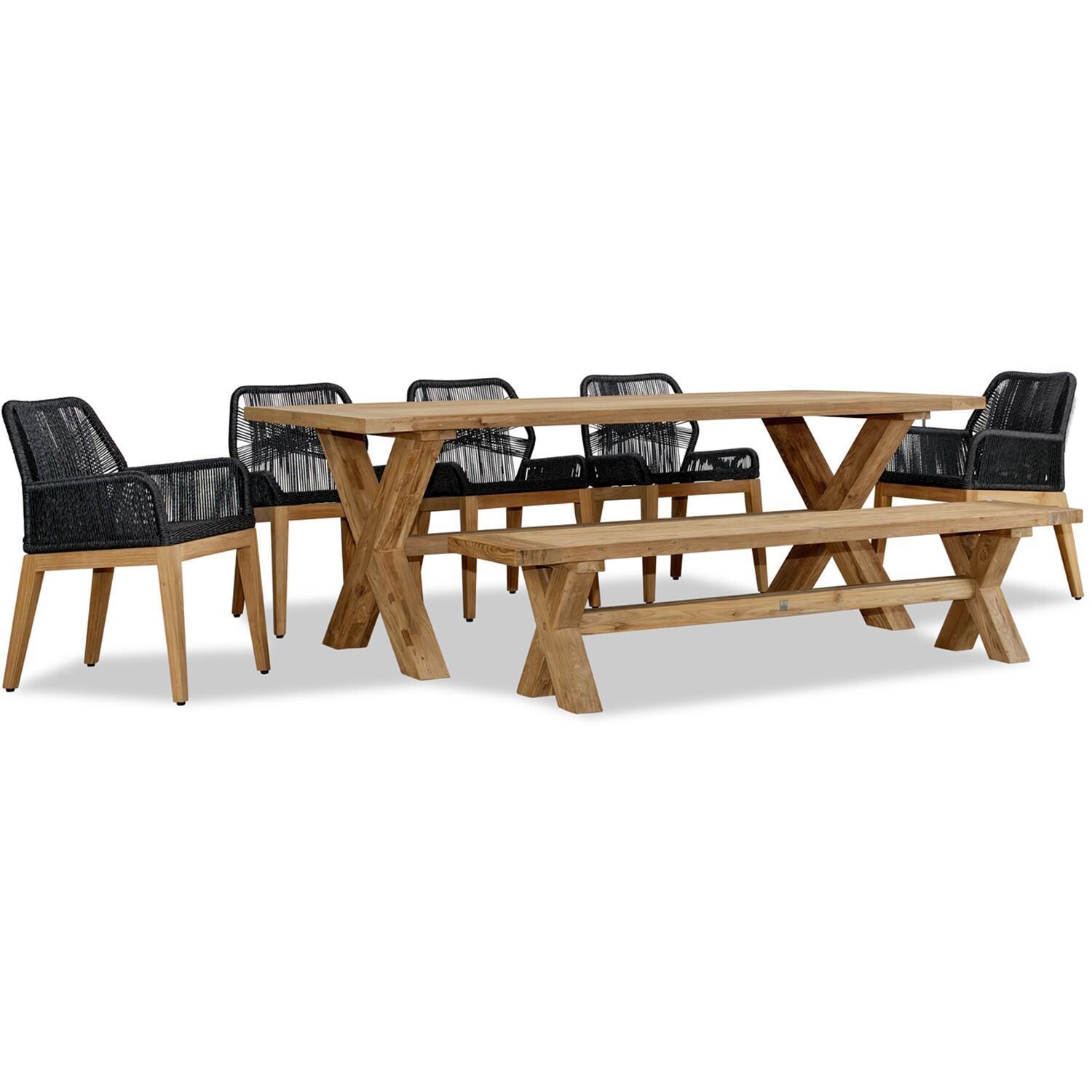 Wood Grove 8 Seat Reclaimed Teak and Rope Dining Set w/ Bench By Lakeview - Angled View - White Background thumbnail